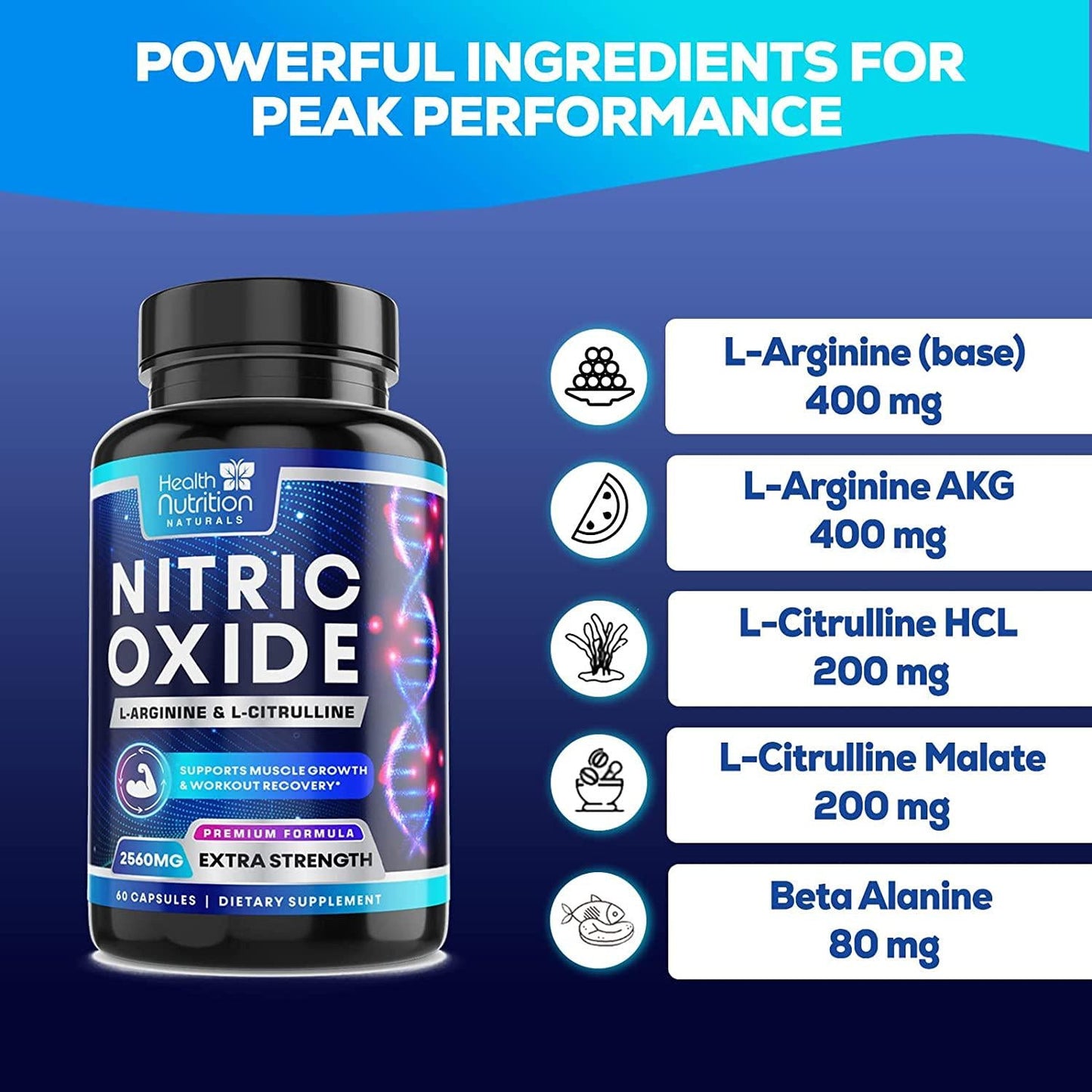 Extra Strength L-Arginine Supplement - 3X Strength Nitric Oxide Booster Supports Muscle Growth - with Citrulline Malate, AAKG, Beta Alanine for Strength and Energy to Train Harder - 60 Capsules