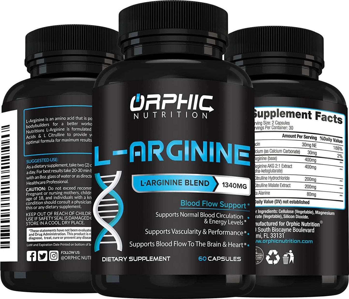 Extra Strength L Arginine - Nitric Oxide Supplement to Support Muscle Health, Exercise Performance and Endurance, Vascularity, Heart Health, Energy Levels* - 60 Caps