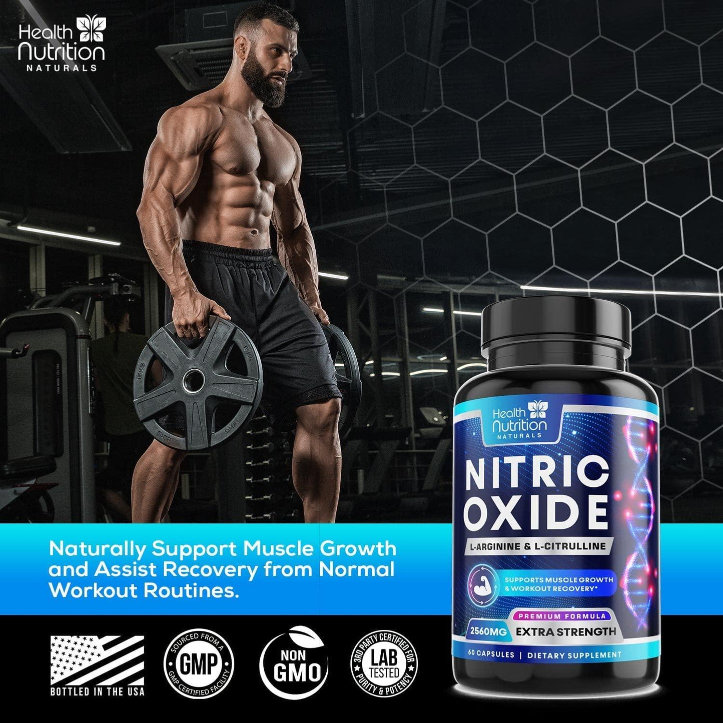 Extra Strength L-Arginine Supplement - 3X Strength Nitric Oxide Booster Supports Muscle Growth - with Citrulline Malate, AAKG, Beta Alanine for Strength and Energy to Train Harder - 60 Capsules