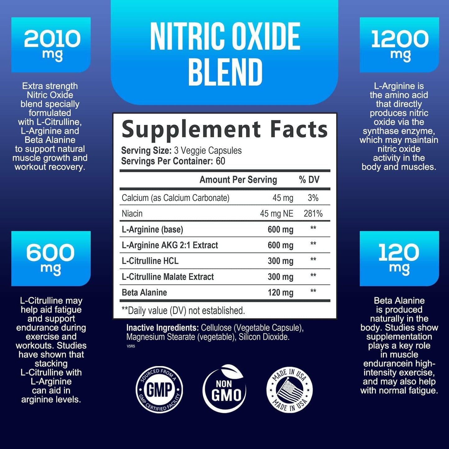 Extra Strength L-Arginine Supplement - 3X Strength Nitric Oxide Booster Supports Muscle Growth - with Citrulline Malate, AAKG, Beta Alanine for Strength and Energy to Train Harder - 180 Capsules