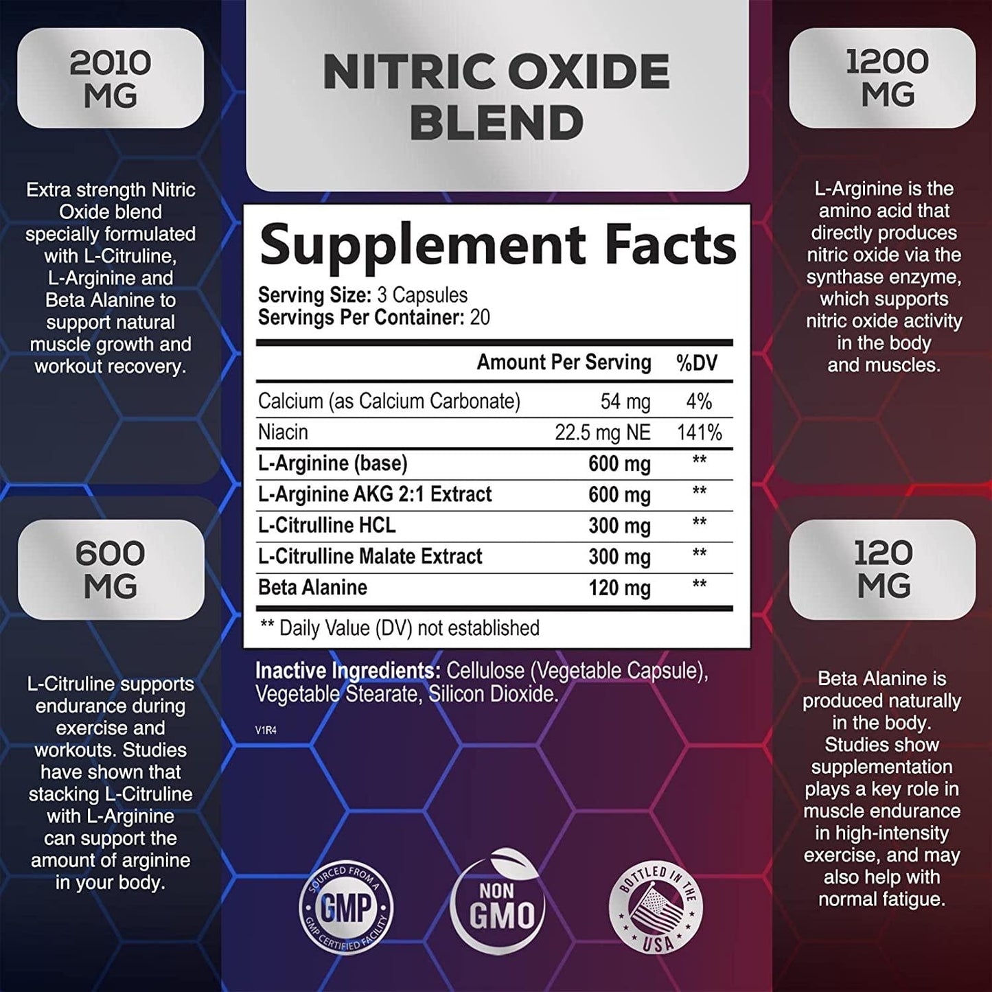 Extra Strength Nitric Oxide L-Arginine Supplement 2010mg - Citrulline Malate, AAKG, Beta Alanine - Premium Muscle Support Nitric Oxide Booster for Strength and Energy to Train Harder - 60 Capsule