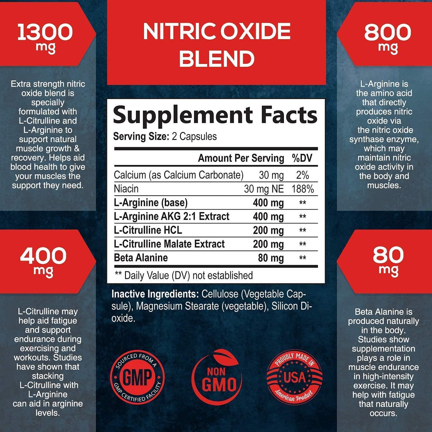 Extra Strength Nitric Oxide Supplement L Arginine 1300mg - Citrulline Malate, AAKG, Beta Alanine - Premium Muscle Building No Booster for Strength, Vascularity and Energy to Train Harder - 120 Capsules