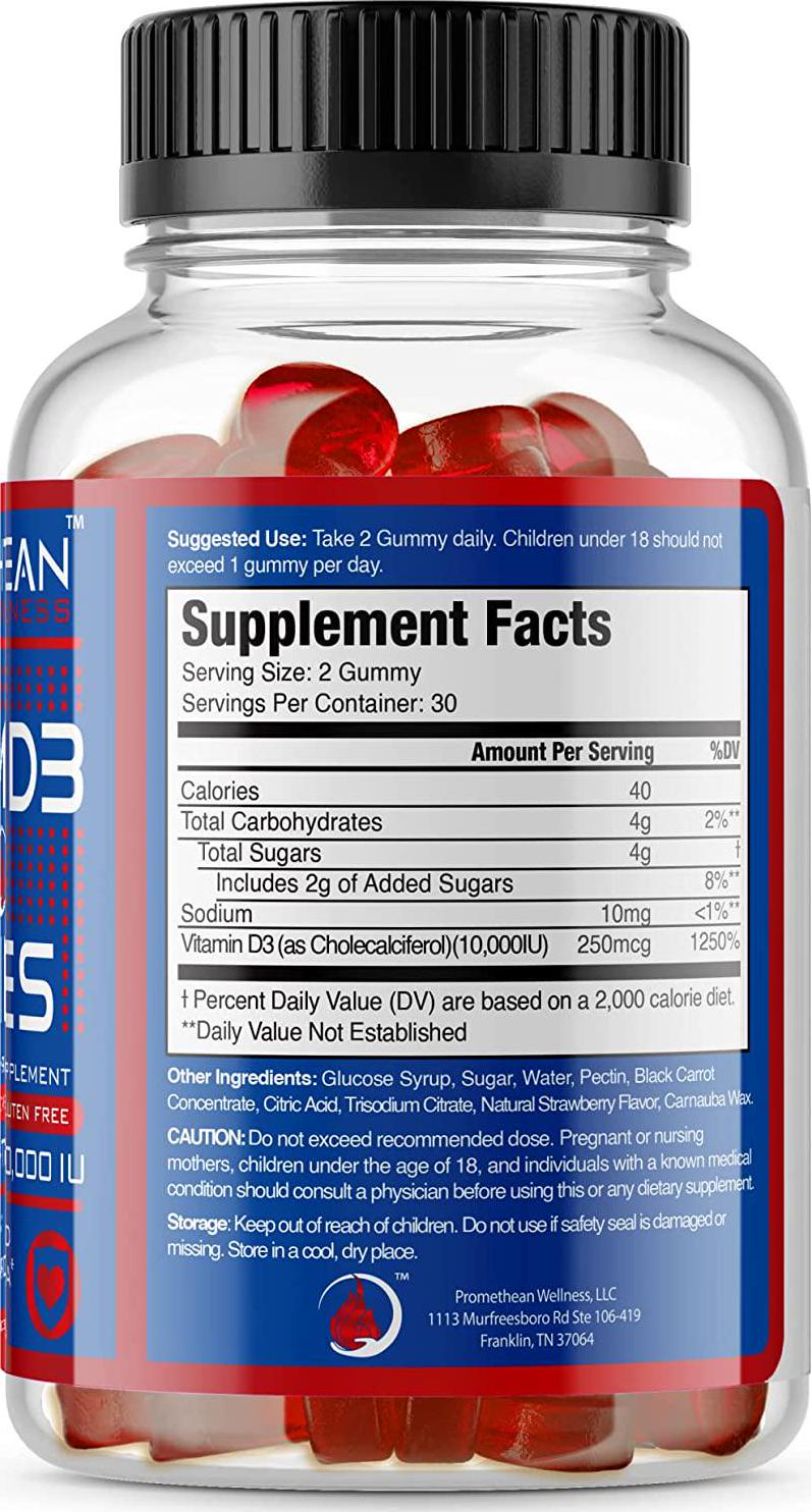 Extra Strength Vitamin D Gummies for Adults 10000 IU Vitamin D3 5000 IU Per Gummy Vitamins High Absorption Chewable for Women, Men and Kids Peach Gummie Chews Supplements Immunity and Bone Support