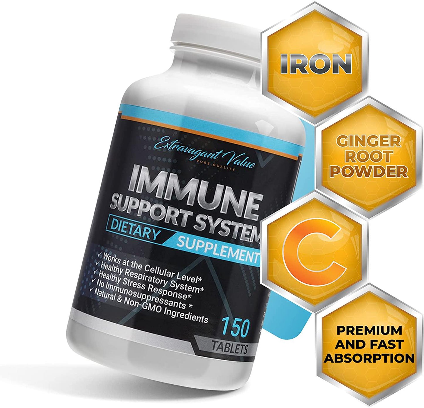 Extravagant Value Premium Vitamin C 1,000mg, Iron 25mg, Ginger Root Powder 25mg Immune Support System Booster for Adults Contains Non-GMO Ingredients Fast Dissolving Abscorbic Acid Tablets