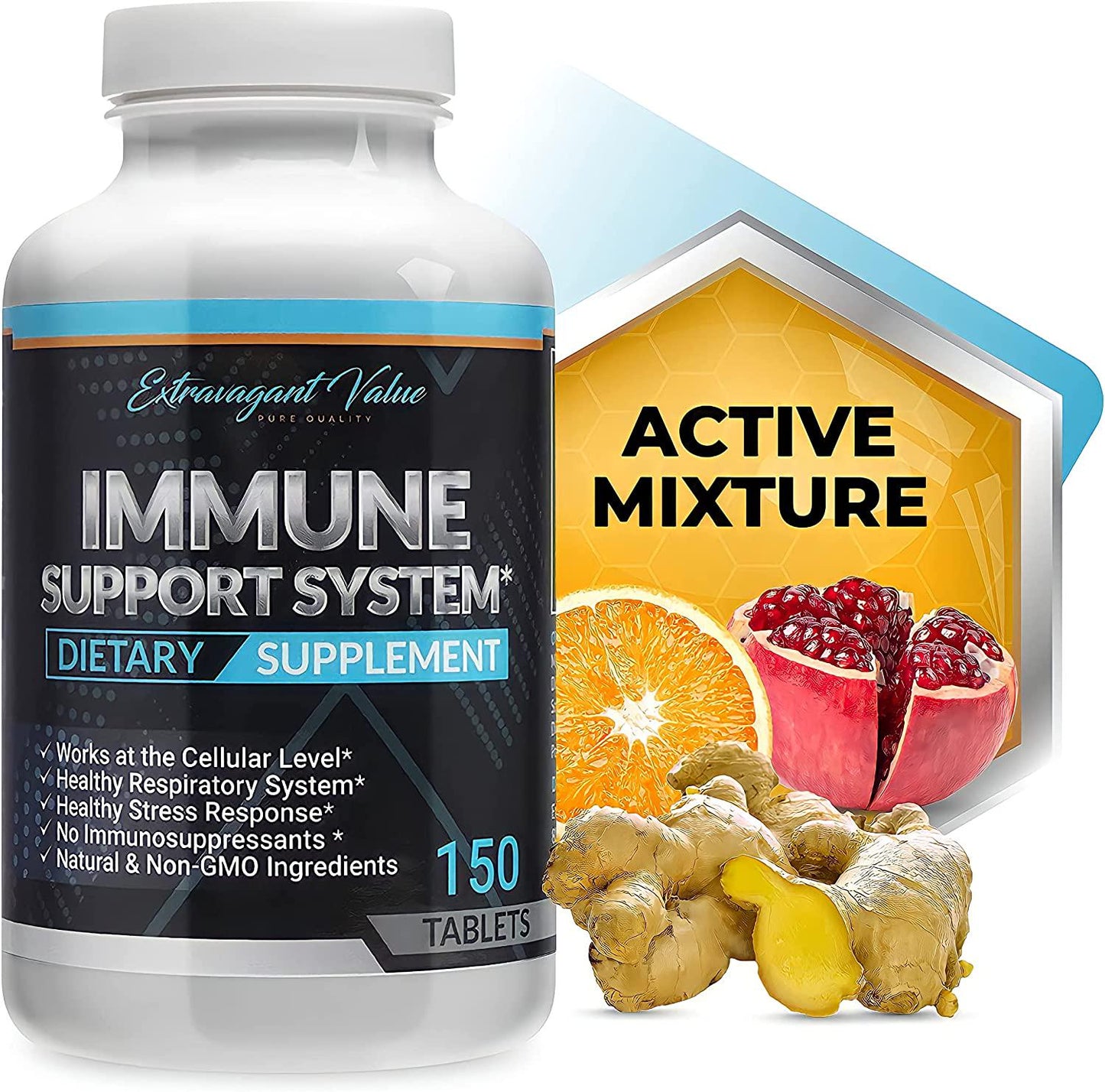 Extravagant Value Premium Vitamin C 1,000mg, Iron 25mg, Ginger Root Powder 25mg Immune Support System Booster for Adults Contains Non-GMO Ingredients Fast Dissolving Abscorbic Acid Tablets