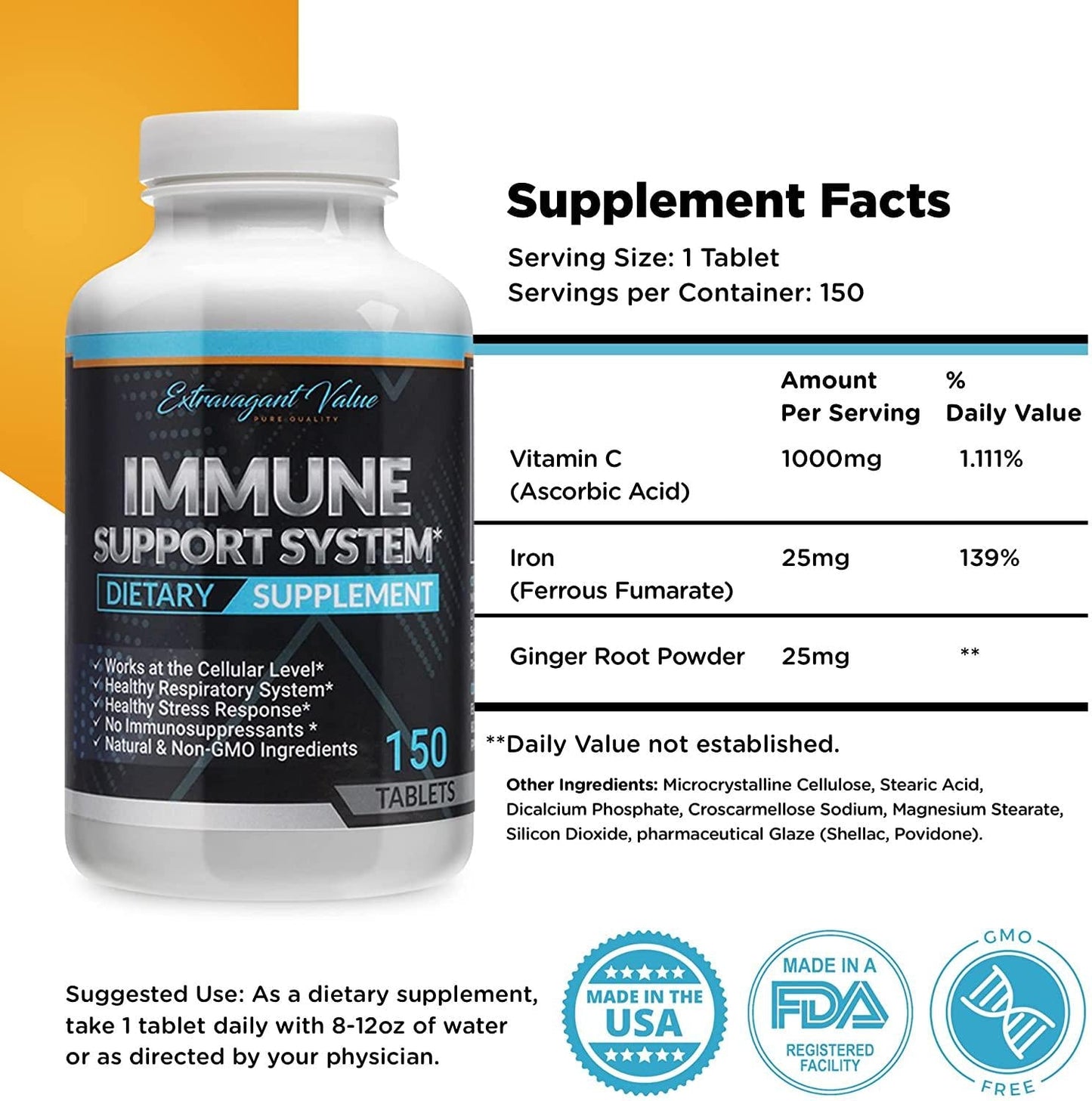 Extravagant Value Premium Vitamin C 1,000mg, Iron 25mg, Ginger Root Powder 25mg Immune Support System Booster for Adults Contains Non-GMO Ingredients Fast Dissolving Abscorbic Acid Tablets