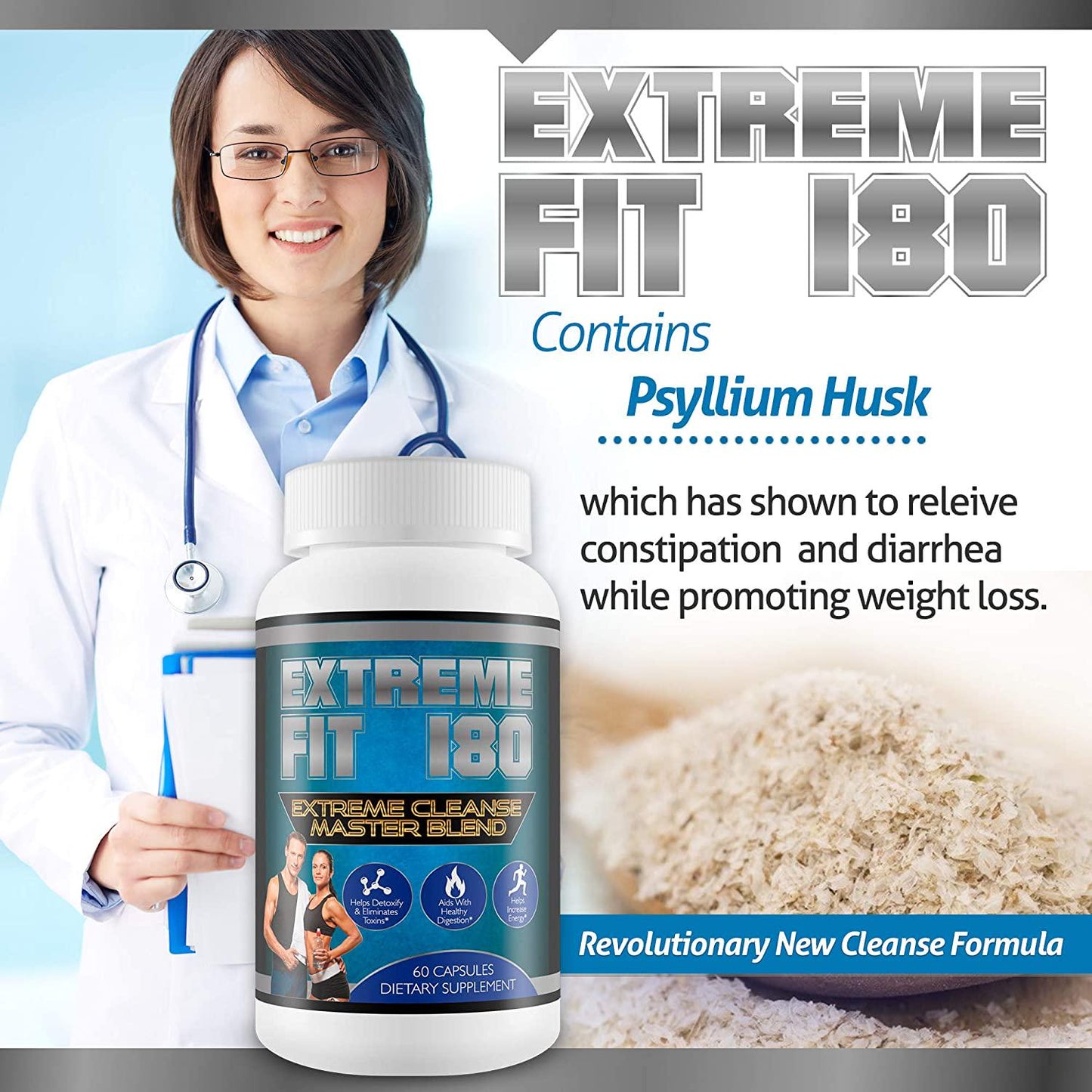Extreme Fit 180-Extreme Cleanse Master Blend- Flush Excess Waste and Toxins- Increase Nutrient Absorption- Promote Weight Loss -100% Natural Key Ingredients (60 Capsules)