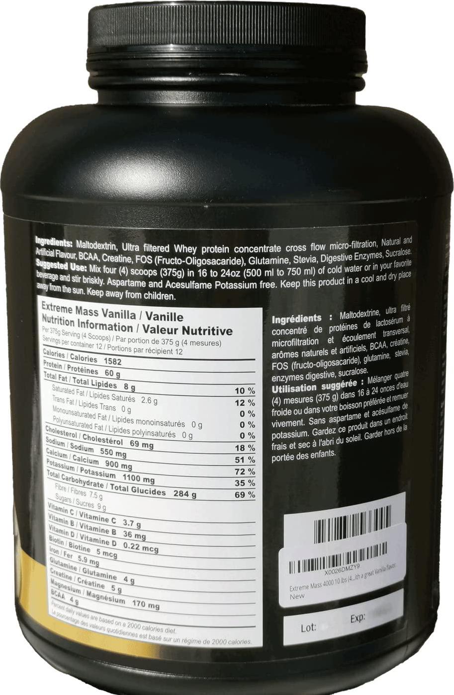 Extreme Mass Vanilla10 lbs (4.54 kg) from Sunshine BioPharma, Mass Gainer Protein Mix Giving The high Calorie, whey, BCAA, creatine, glutamine, Vitamins, Minerals. Improved Formulation, Less Sugar