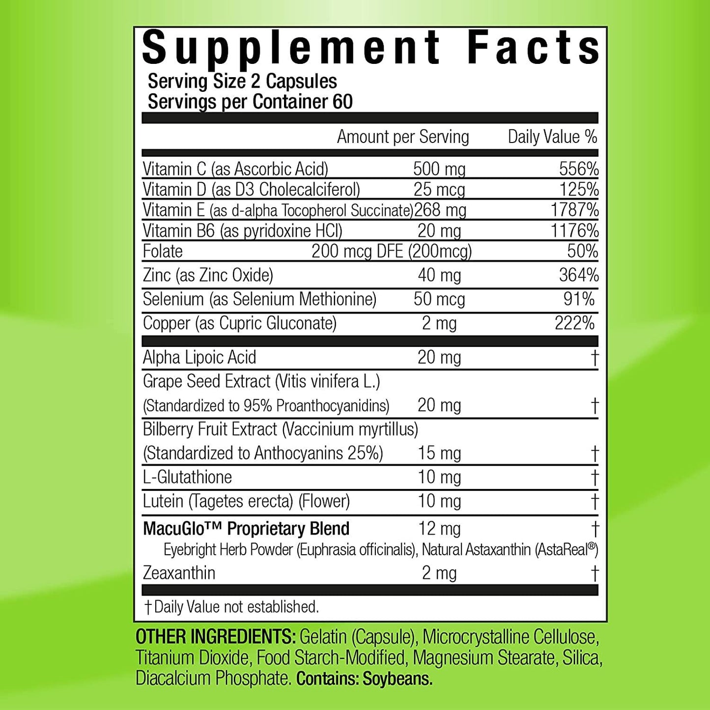 EyeScience Macular Health Formula Advanced Ocular Vitamin - Containing Lutein, Zeaxanthin, Billberry, and Vitamins C, D, E, and B6 (60 Day Supply)