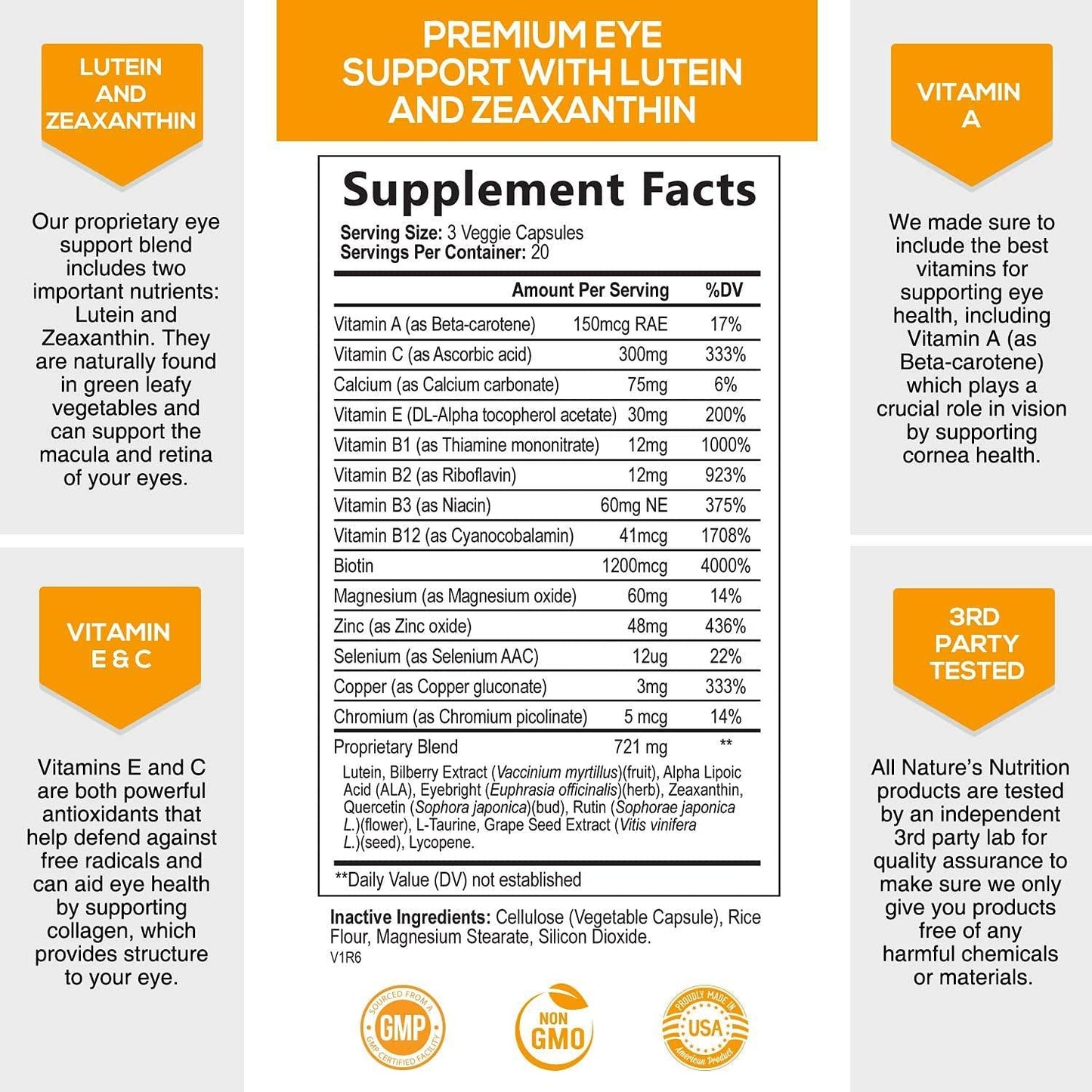 Eye Vitamins with Lutein and Zeaxanthin, Extra Strength Natural Vitamin and Mineral Supplement 1390mg, Made in USA, Areds 2 Premium Vision Formula to Support Dry Eyes and Sensitivity - 60 Capsules