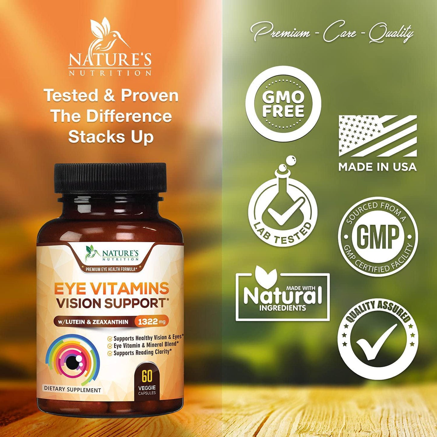 Eye Vitamins with Lutein and Zeaxanthin, Extra Strength Natural Vitamin and Mineral Supplement 1390mg, Made in USA, Areds 2 Premium Vision Formula to Support Dry Eyes and Sensitivity - 60 Capsules