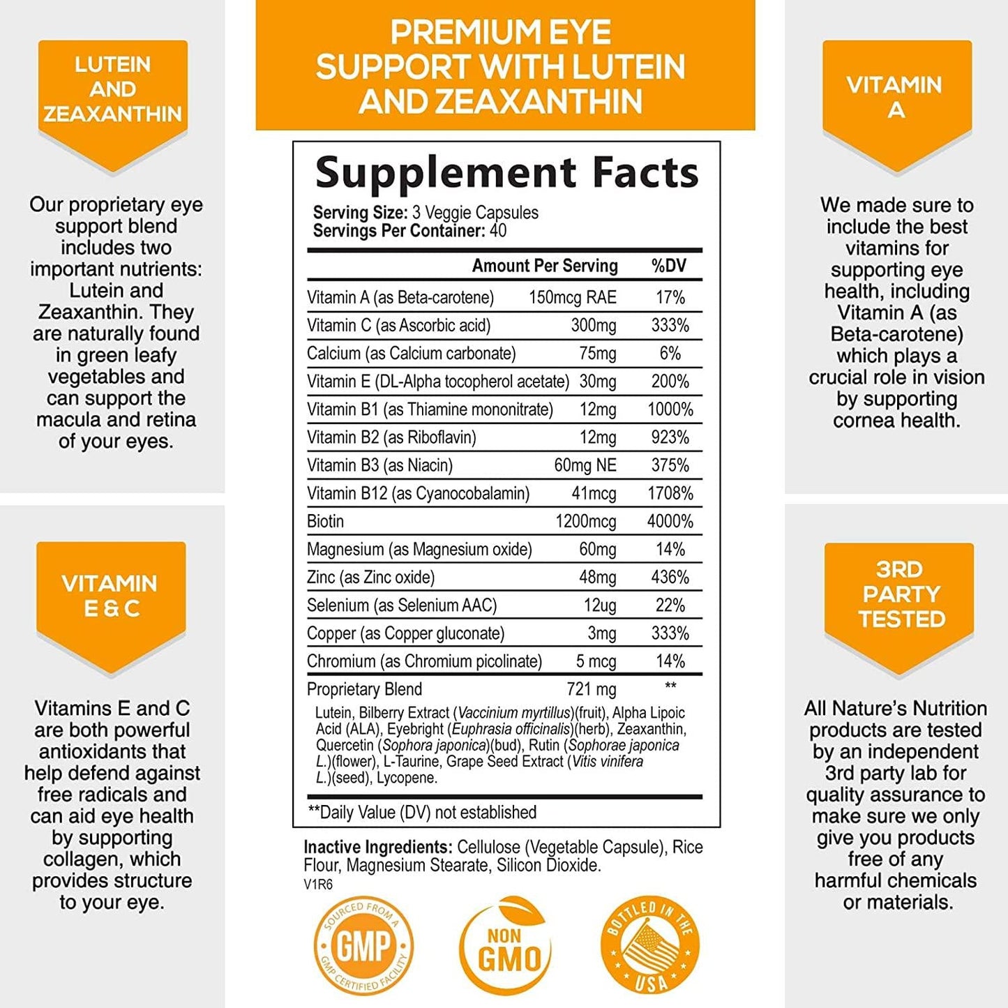 Eye Vitamins with Lutein and Zeaxanthin, Extra Strength Natural Vitamin and Mineral Supplement 1390mg, Made in USA, Areds 2 Premium Vision Formula to Support Dry Eyes and Sensitivity - 120 Capsules