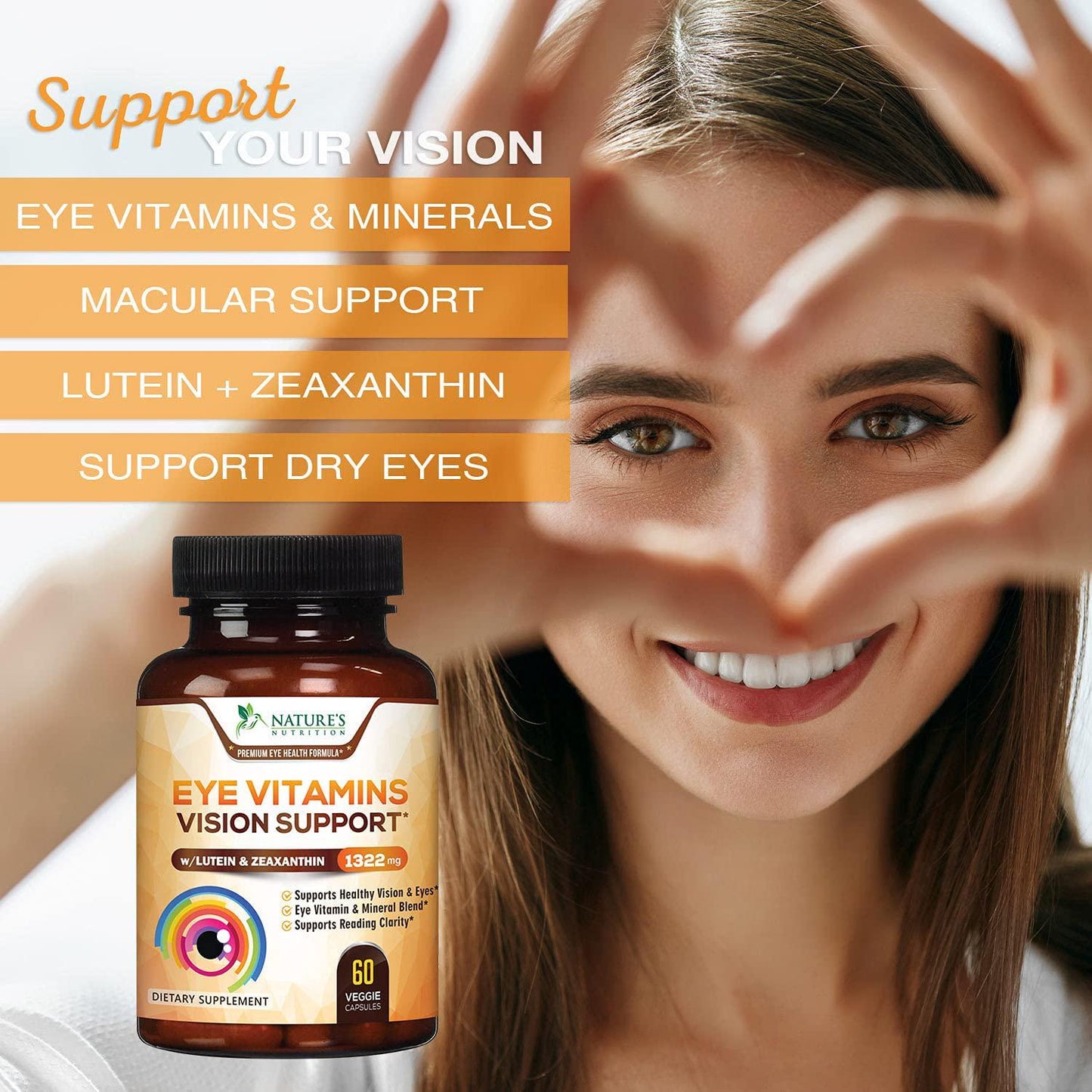 Eye Vitamins with Lutein and Zeaxanthin, Extra Strength Natural Vitamin and Mineral Supplement 1390mg, Made in USA, Areds 2 Premium Vision Formula to Support Dry Eyes and Sensitivity - 60 Capsules