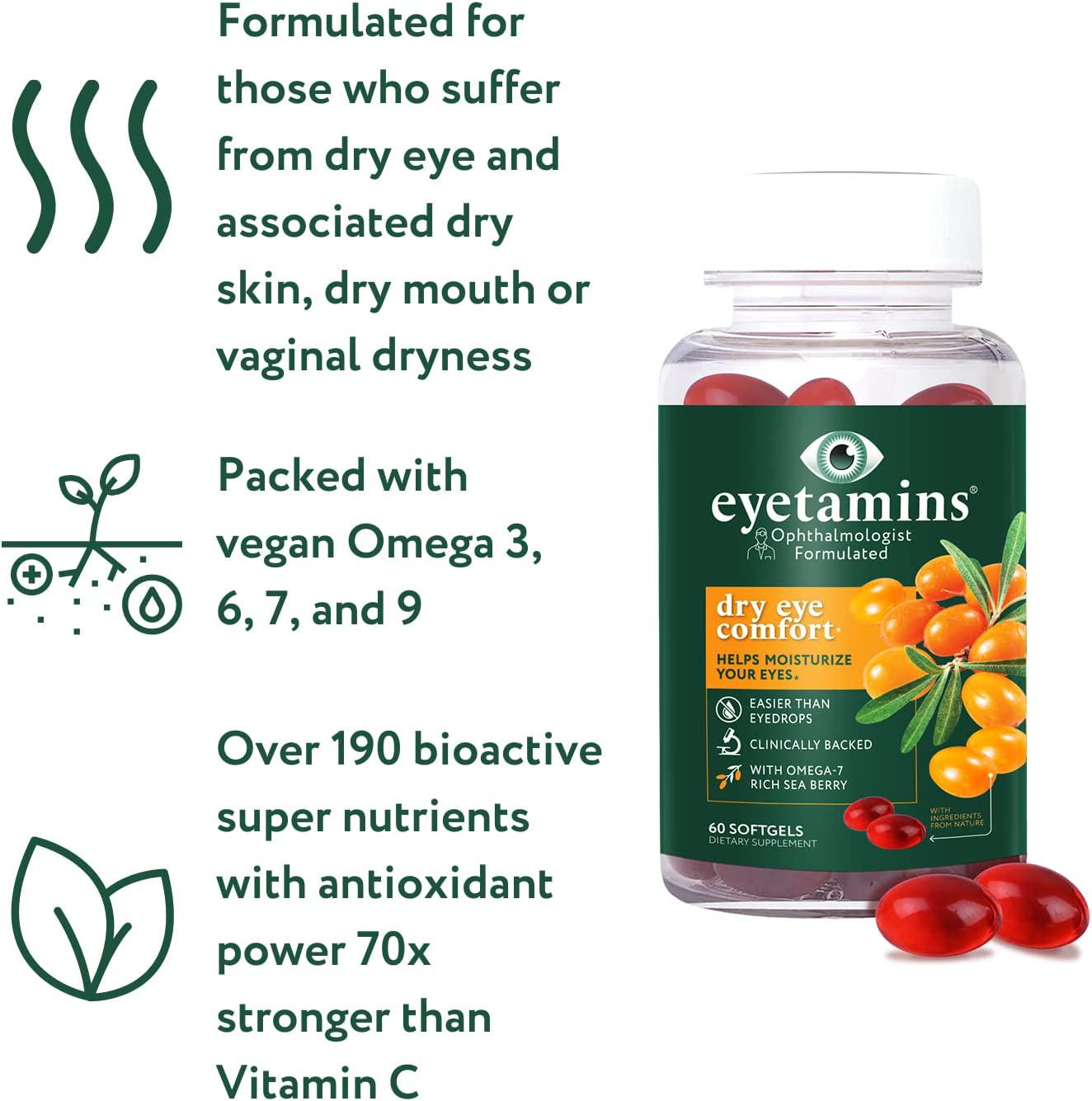 Eyetamins Dry Eye Comfort - 60 Softgels Ophthalmologist- Formulated, Natural - Himalayan Sea Buckthorn Oil - Vegan and Non-GMO Formula
