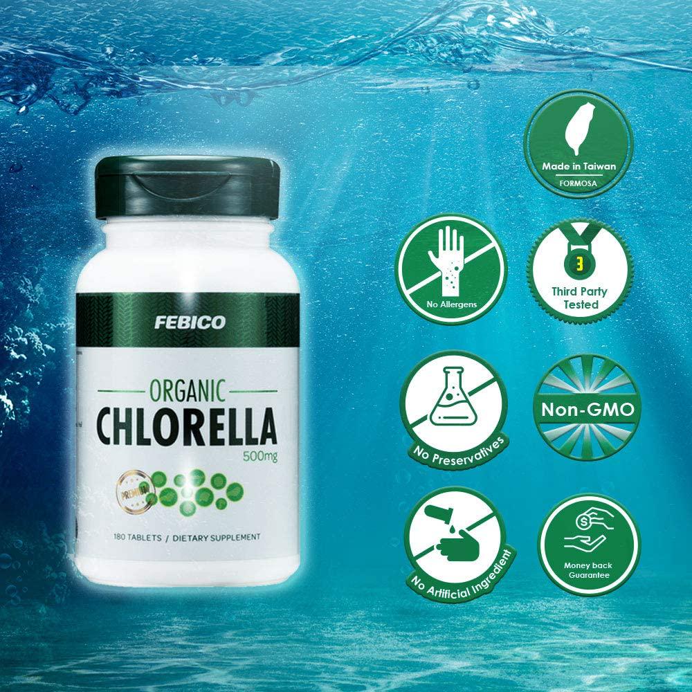 FEBICO Premium Organic Chlorella Tablets- Vegan, Best Green Superfood, Non-GMO, High Dietary Fiber, Rich Protein- USDA, Naturland, Halal Certified- 500mg, 180 Counts, 30 Days