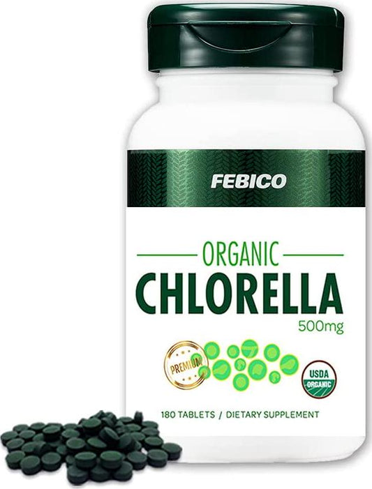 FEBICO Premium Organic Chlorella Tablets- Vegan, Best Green Superfood, Non-GMO, High Dietary Fiber, Rich Protein- USDA, Naturland, Halal Certified- 500mg, 180 Counts, 30 Days