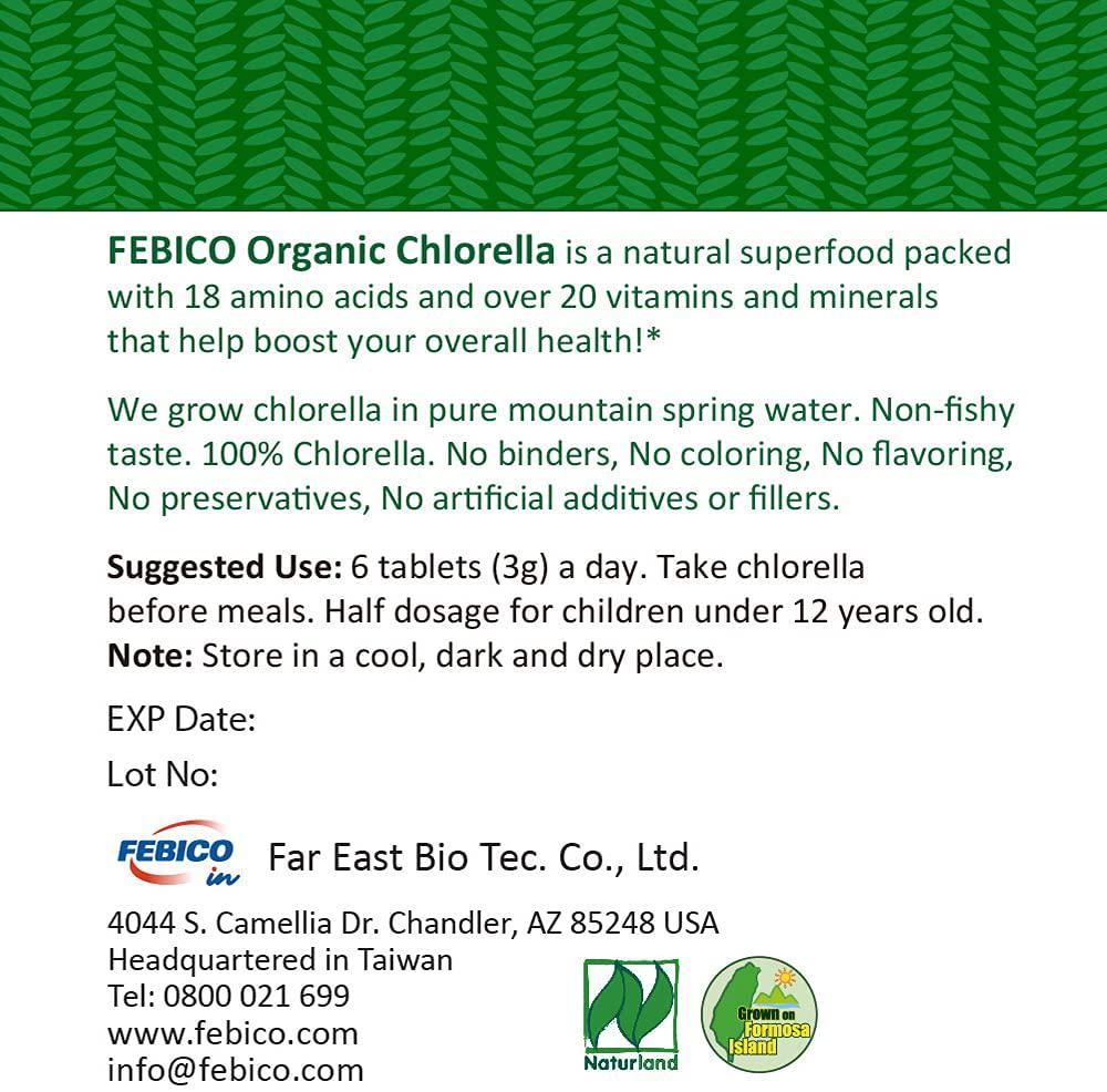 FEBICO Premium Organic Chlorella Tablets- Vegan, Best Green Superfood, Non-GMO, High Dietary Fiber, Rich Protein- USDA, Naturland, Halal Certified- 500mg, 180 Counts, 30 Days