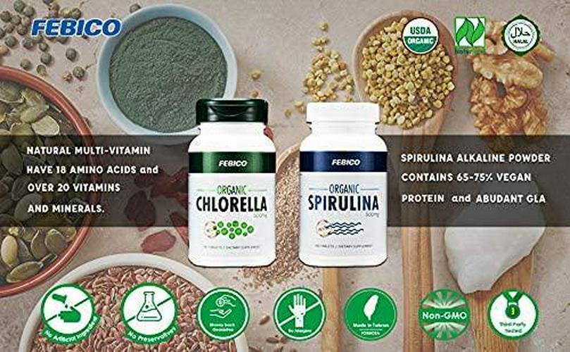 FEBICO Premium Organic Chlorella Tablets- Vegan, Best Green Superfood, Non-GMO, High Dietary Fiber, Rich Protein- USDA, Naturland, Halal Certified- 500mg, 180 Counts, 30 Days