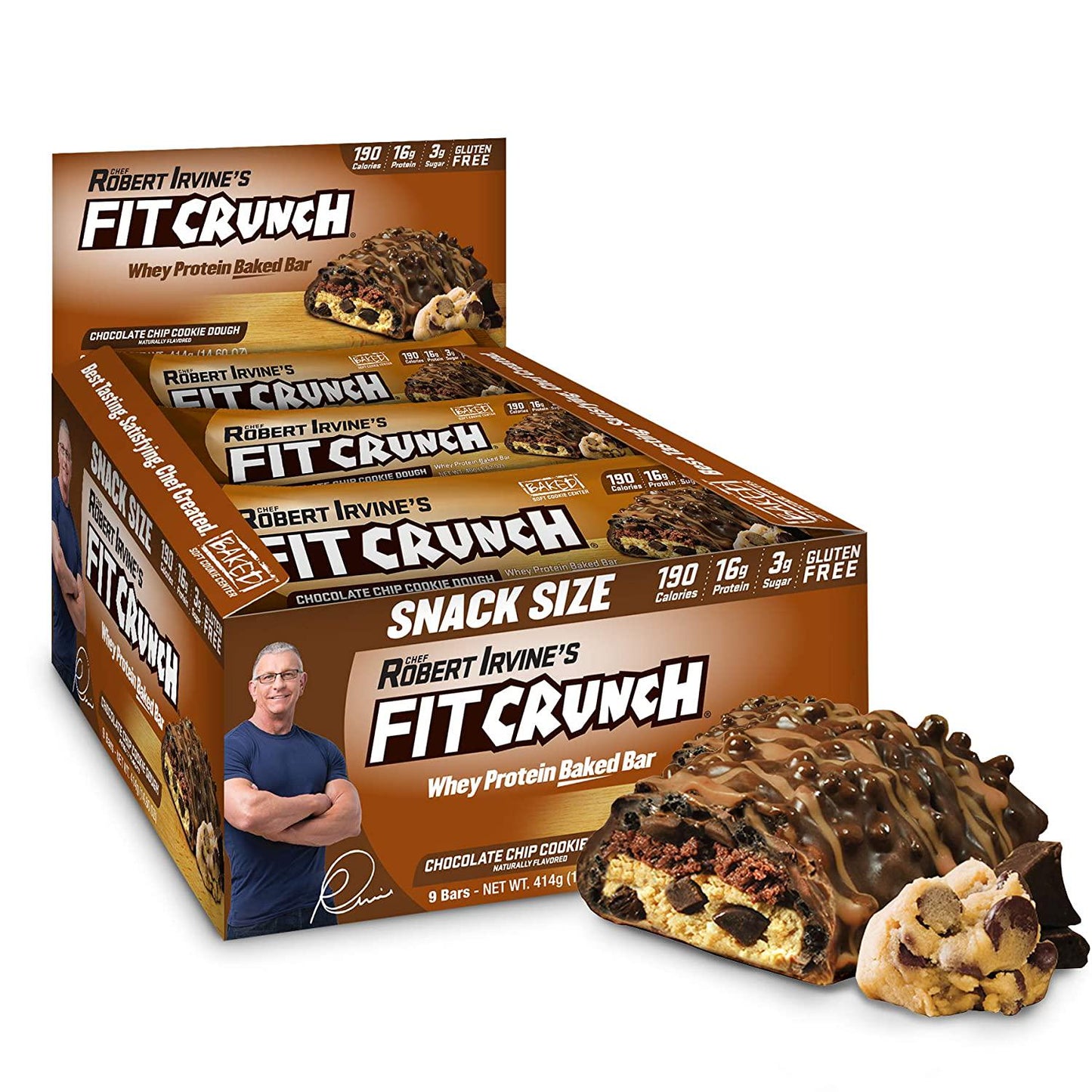 FITCRUNCH Snack Size Protein Bars, Designed by Robert Irvine, World s Only 6-Layer Baked Bar, Just 3g of Sugar and Soft Cake Core (9 Count, Chocolate Chip Cookie Dough)