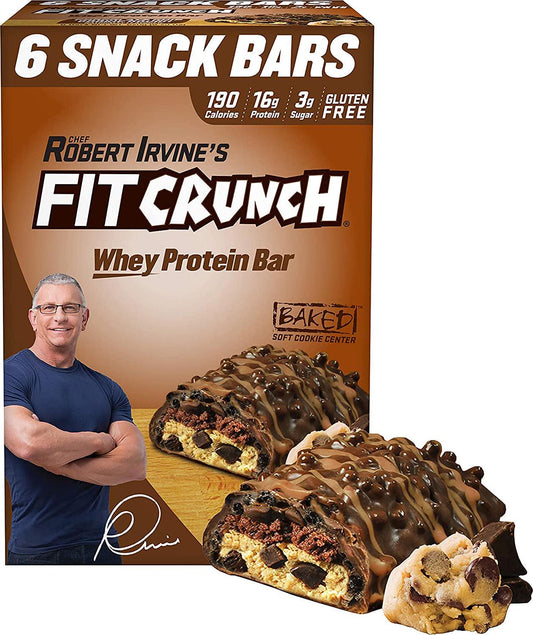 FITCRUNCH Snack Size Protein Bars, Designed by Robert Irvine, World s Only 6-Layer Baked Bar, Just 3g of Sugar and Soft Cake Core (6 Snack Size Bars, Chocolate Chip Cookie Dough)