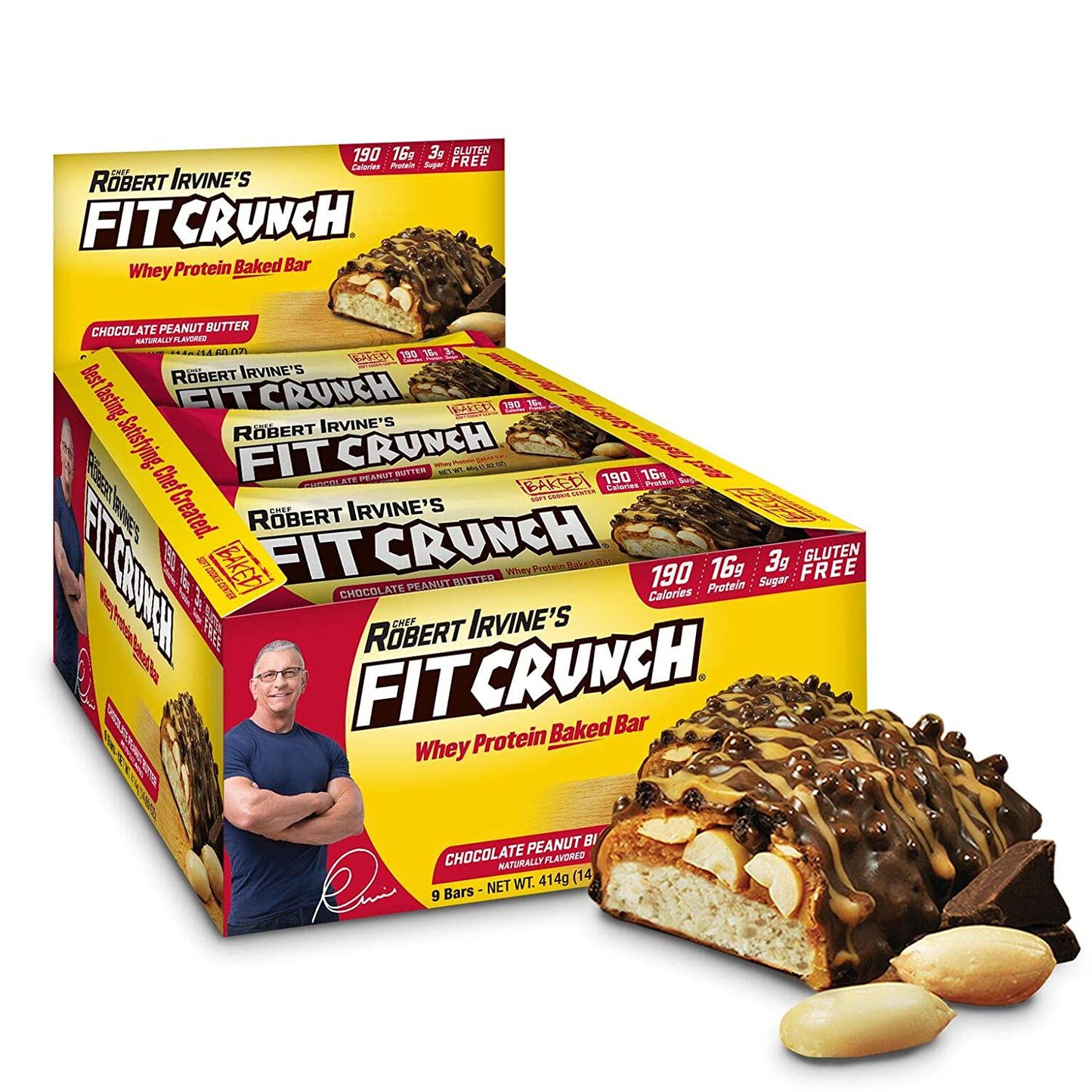 FITCRUNCH Snack Size Protein Bars, Designed by Robert Irvine, World s Only 6-Layer Baked Bar, Just 3g of Sugar and Soft Cake Core (9 Count, Peanut Butter)