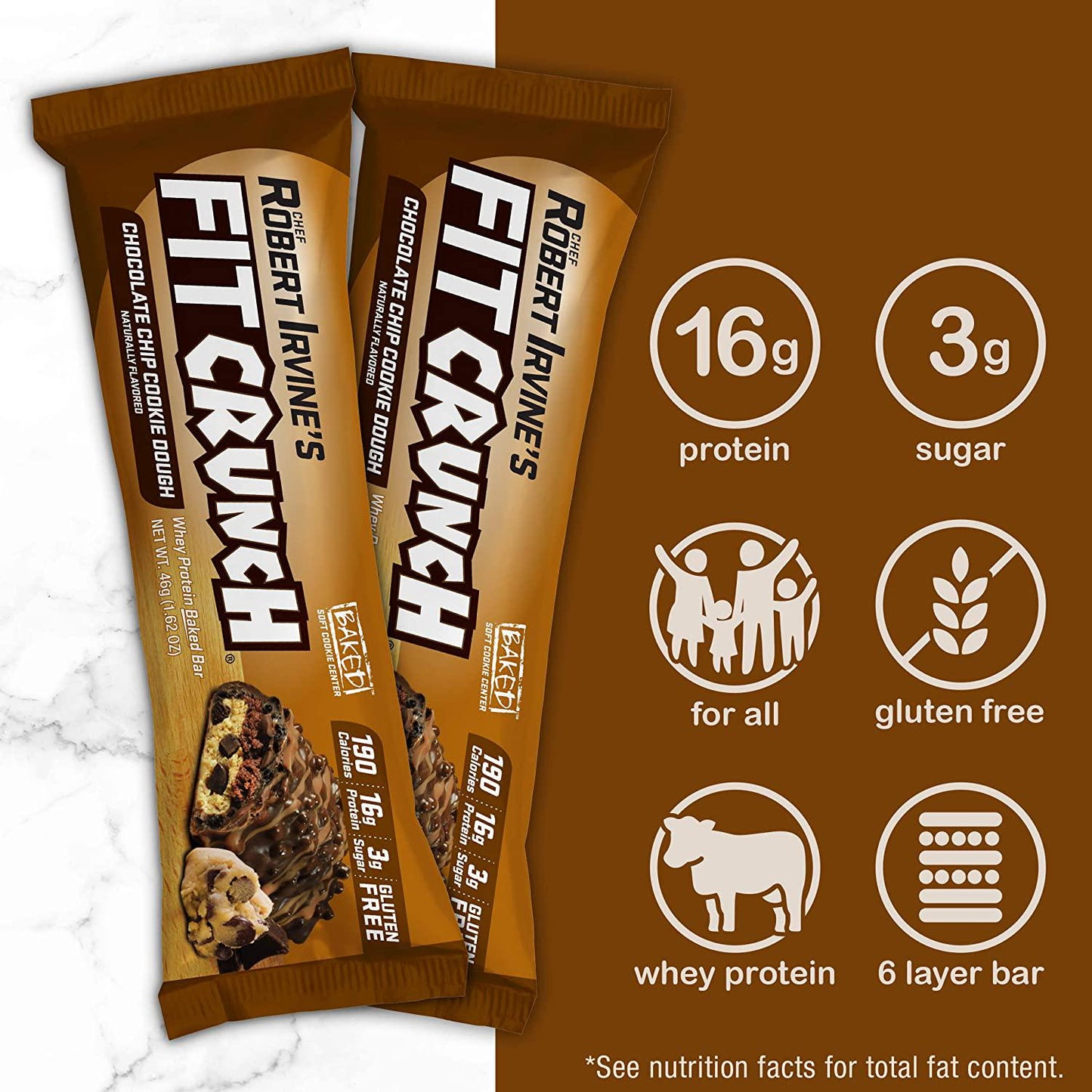 FITCRUNCH Snack Size Protein Bars, Designed by Robert Irvine, World s Only 6-Layer Baked Bar, Just 3g of Sugar and Soft Cake Core (9 Count, Chocolate Chip Cookie Dough)