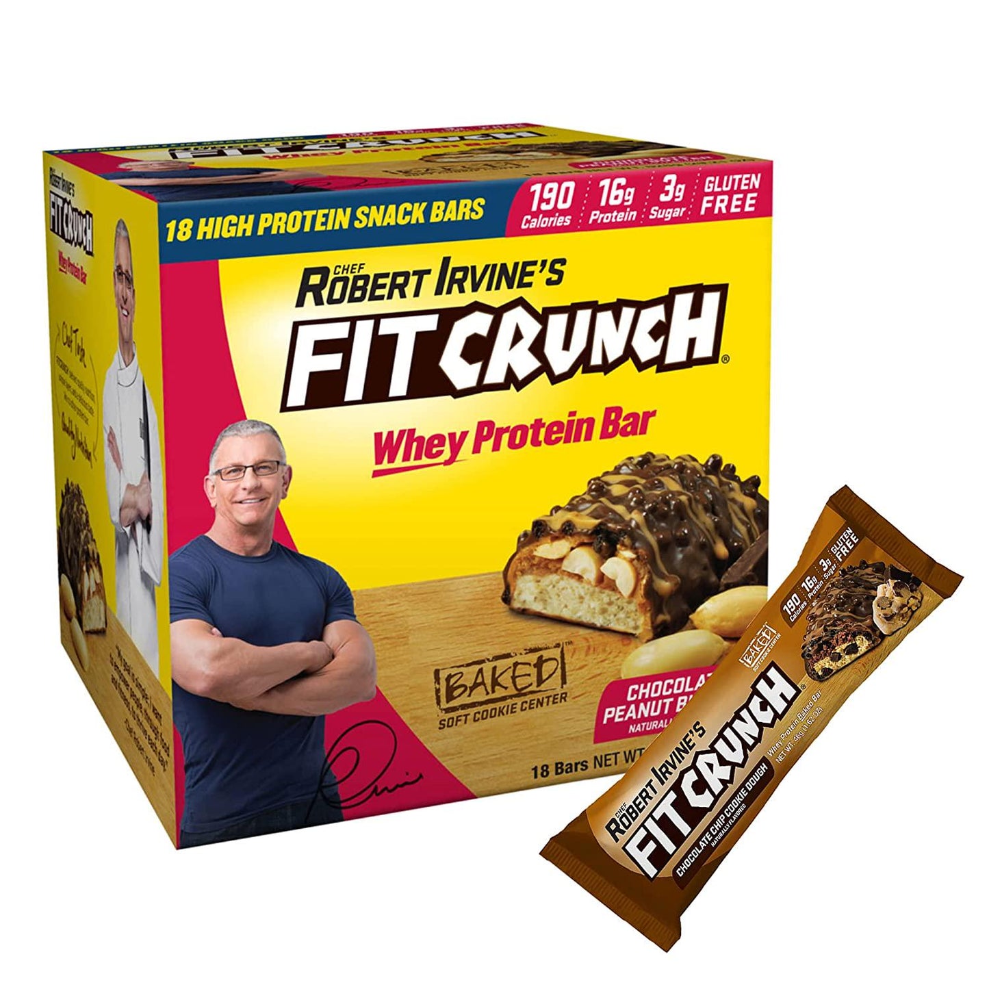 FITCRUNCH Snack Size Protein Bars, Designed by Robert Irvine, World s Only 6-Layer Baked Bar, Just 3g of Sugar, Gluten Free, High Protein and Soft Cake Core (18 Count Peanut Butter + 1 Chocolate Chip Cookie Dough Bar)