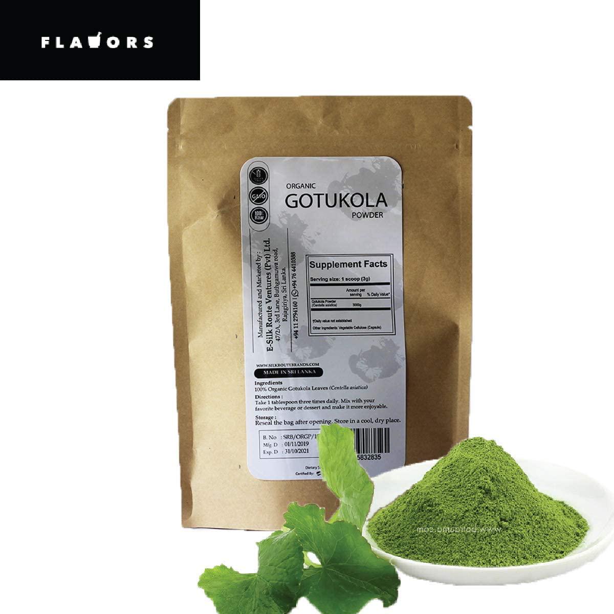 FLAVORS Organic Pure Gotukola Premium Quality Powder - USDA Certified - 8 Ounces Resealable Stand-Up Pouch