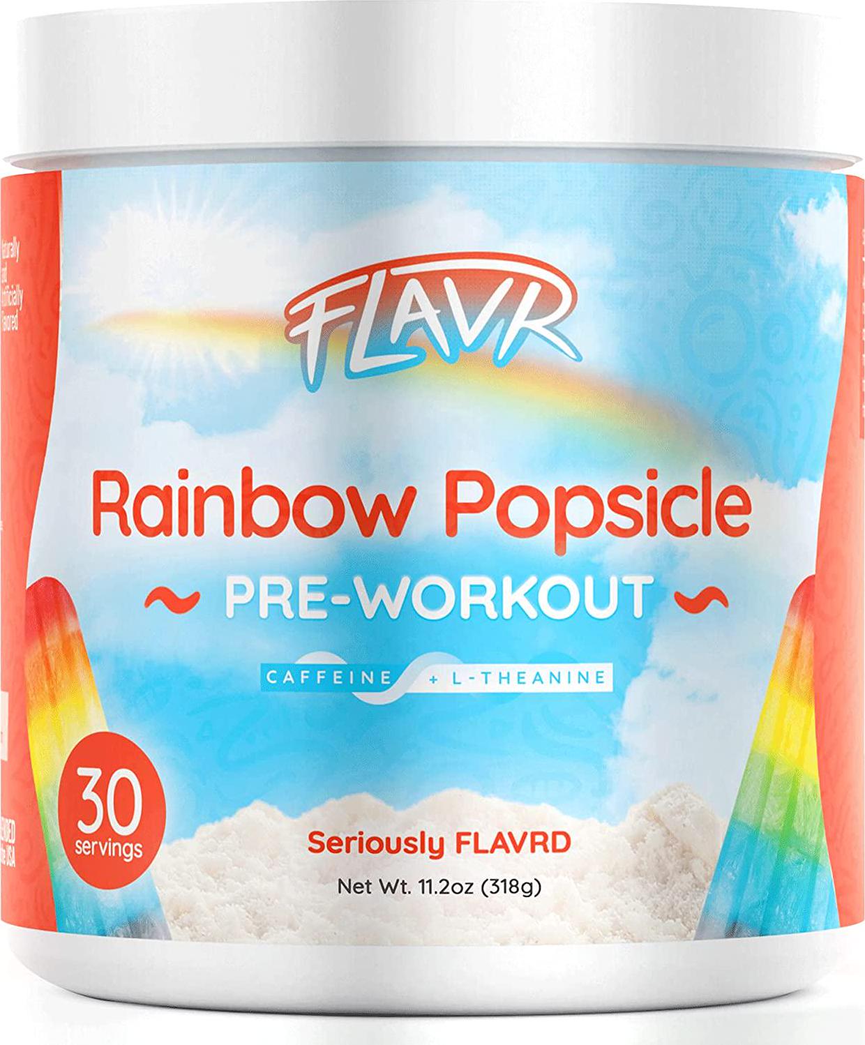 FLAVR Nutrition Pre-Workout Powder Rainbow Popsicle | Sugar Free Pre Workout Energy Supplement for Women and Men | Boost and Sustain Energy | Caffeine + L-Theanine | 30 Servings
