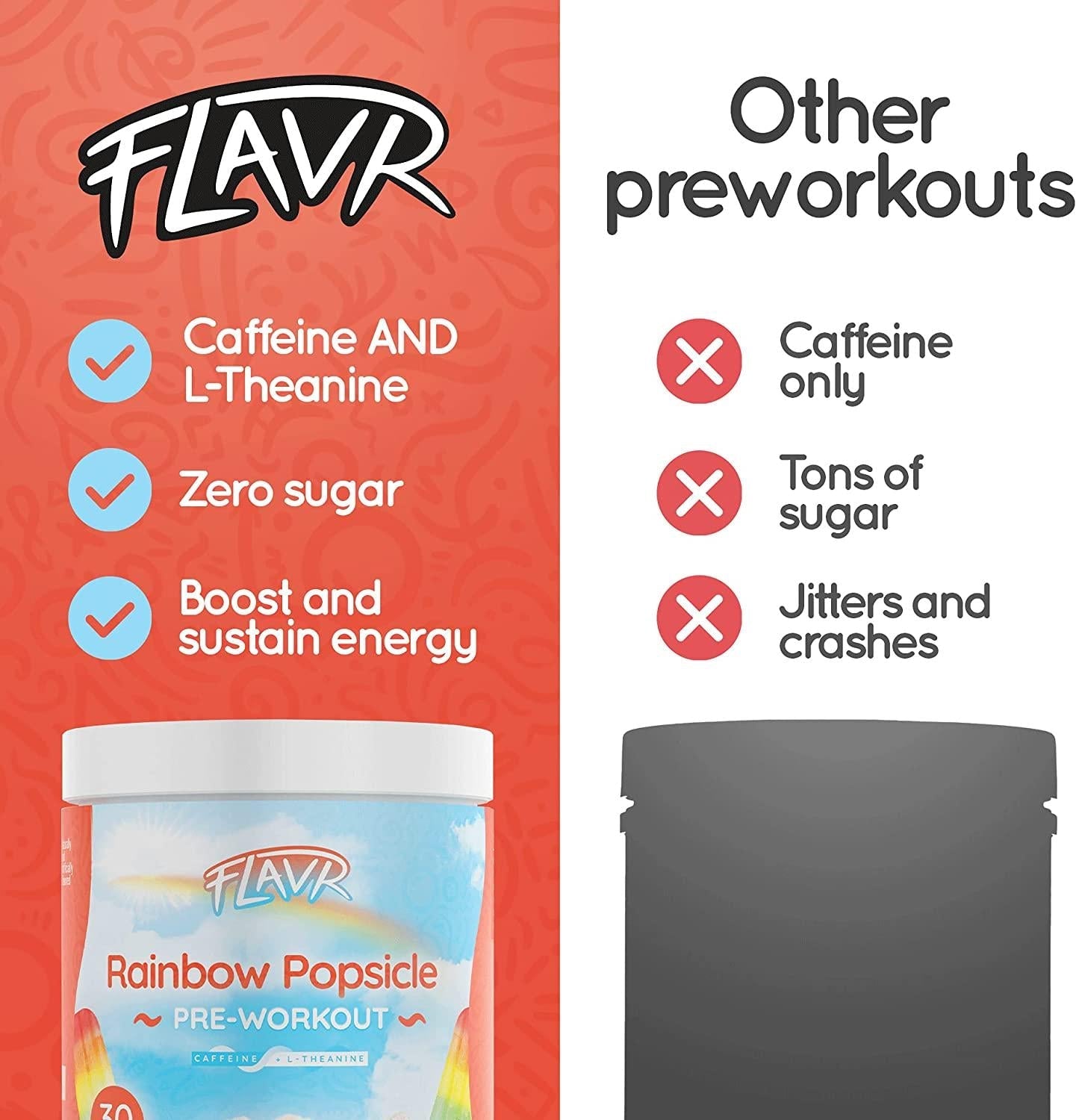FLAVR Nutrition Pre-Workout Powder Rainbow Popsicle | Sugar Free Pre Workout Energy Supplement for Women and Men | Boost and Sustain Energy | Caffeine + L-Theanine | 30 Servings
