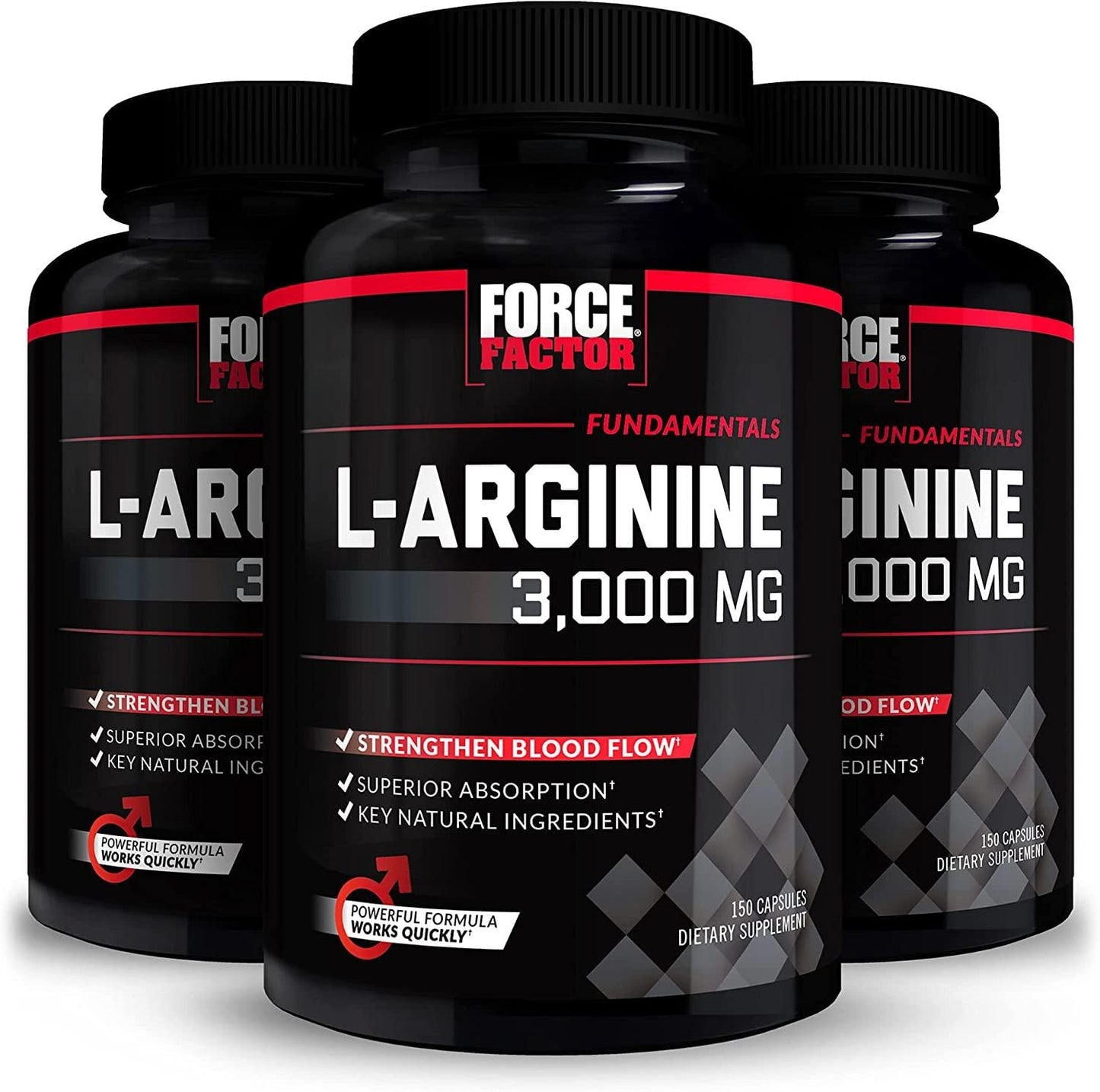 FORCE FACTOR L-Arginine Nitric Oxide Supplement with BioPerine to Help Build Muscle and Support Stronger Blood Flow, Circulation, Nutrient Delivery, and Pumps, L-Arginine 3000mg, 3g, 450 Capsules (3-Pack), Black (Packaging), FFS-00671-FG