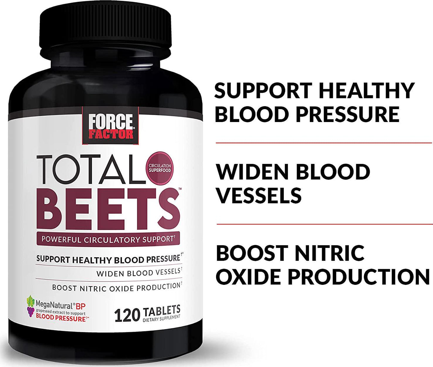 FORCE FACTOR Total Beets Blood Pressure Support Supplement with Nitrates and Grapeseed Extract to Boost Nitric Oxide, Circulatory and Cardiovascular Vasodilator Heart Health Vitamins, 240 Count, 2-Pack, White