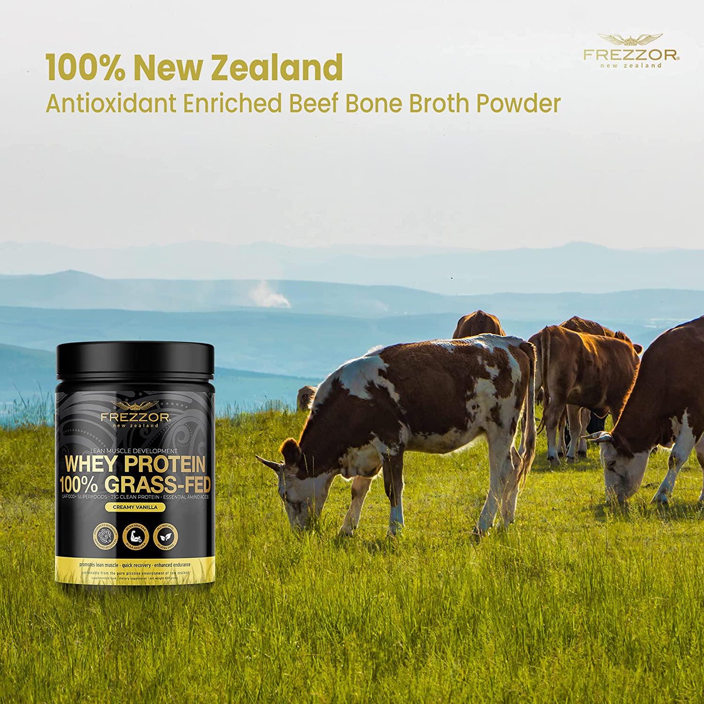 FREZZOR 100% Grass-Fed Whey Vanilla Protein Powder with UAF1000+, Keto Friendly, 21g Protein, BCAAs and EAAs, GMO-Free, rBGH-Free, No Added Sugar/Preservatives, Made in New Zealand, 600 Grams, 1 Count