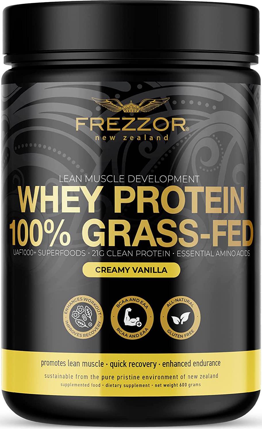 FREZZOR 100% Grass-Fed Whey Vanilla Protein Powder with UAF1000+, Keto Friendly, 21g Protein, BCAAs and EAAs, GMO-Free, rBGH-Free, No Added Sugar/Preservatives, Made in New Zealand, 600 Grams, 1 Count
