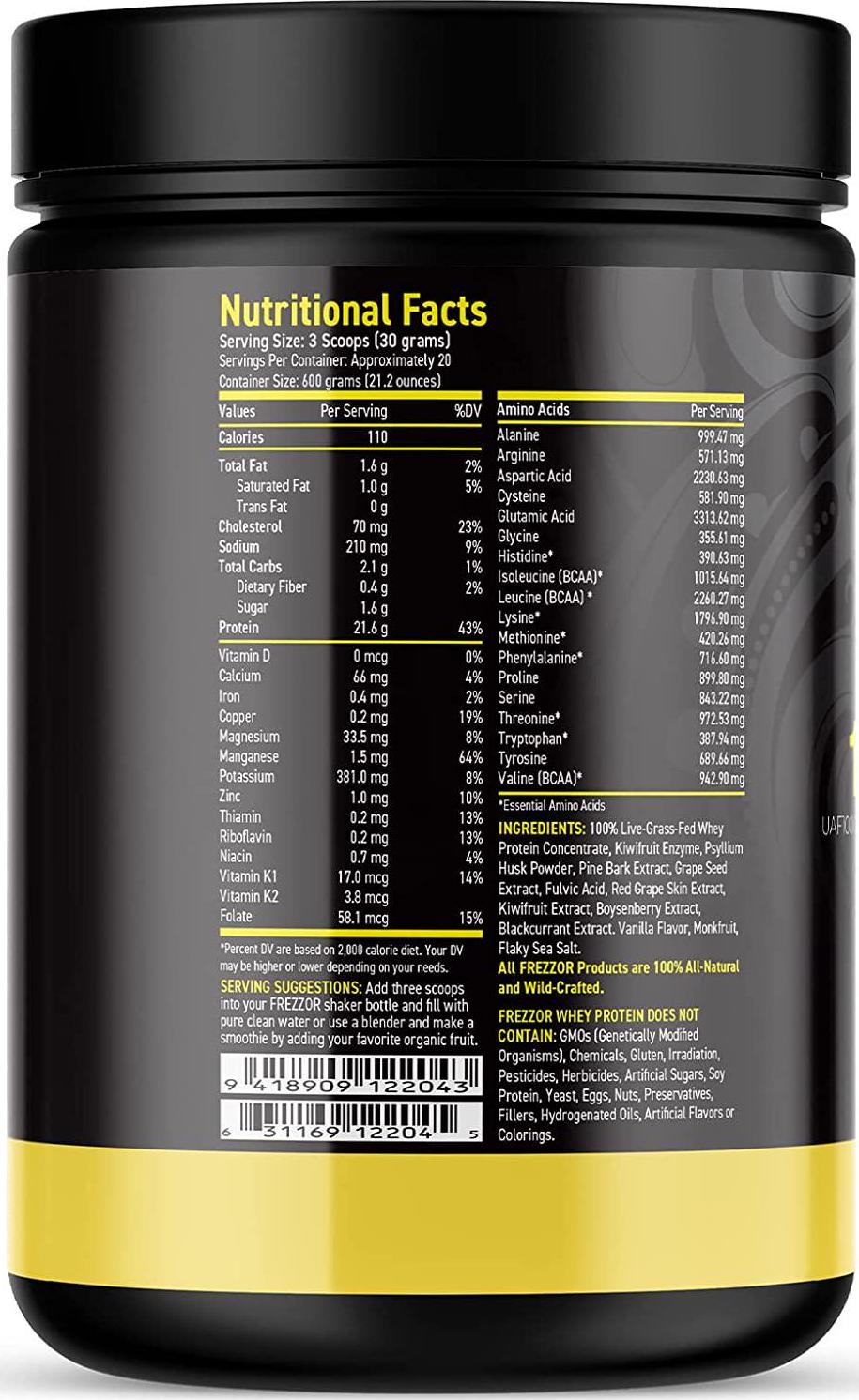 FREZZOR 100% Grass-Fed Whey Vanilla Protein Powder with UAF1000+, Keto Friendly, 21g Protein, BCAAs and EAAs, GMO-Free, rBGH-Free, No Added Sugar/Preservatives, Made in New Zealand, 600 Grams, 1 Count