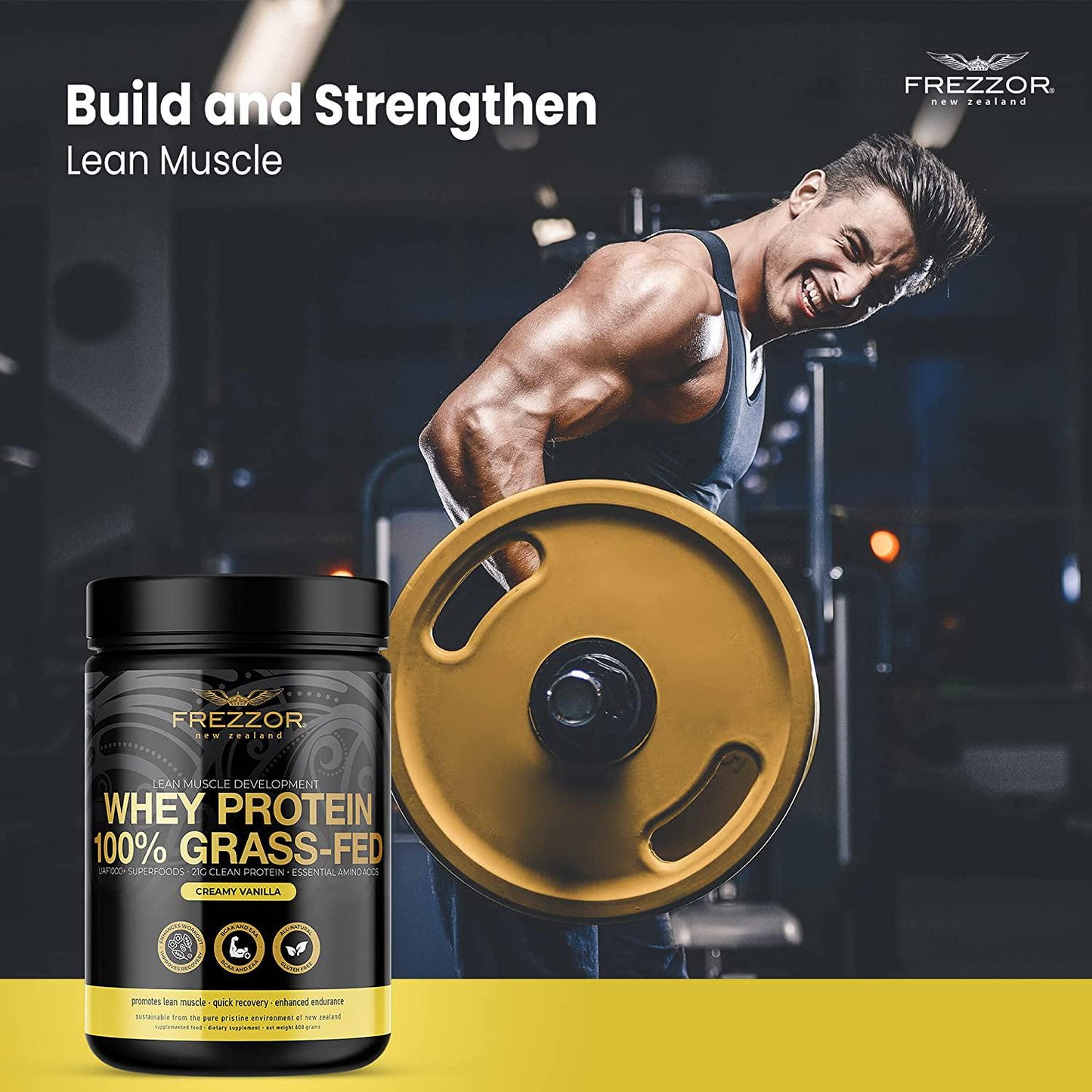 FREZZOR 100% Grass-Fed Whey Vanilla Protein Powder with UAF1000+, Keto Friendly, 21g Protein, BCAAs and EAAs, GMO-Free, rBGH-Free, No Added Sugar/Preservatives, Made in New Zealand, 600 Grams, 1 Count