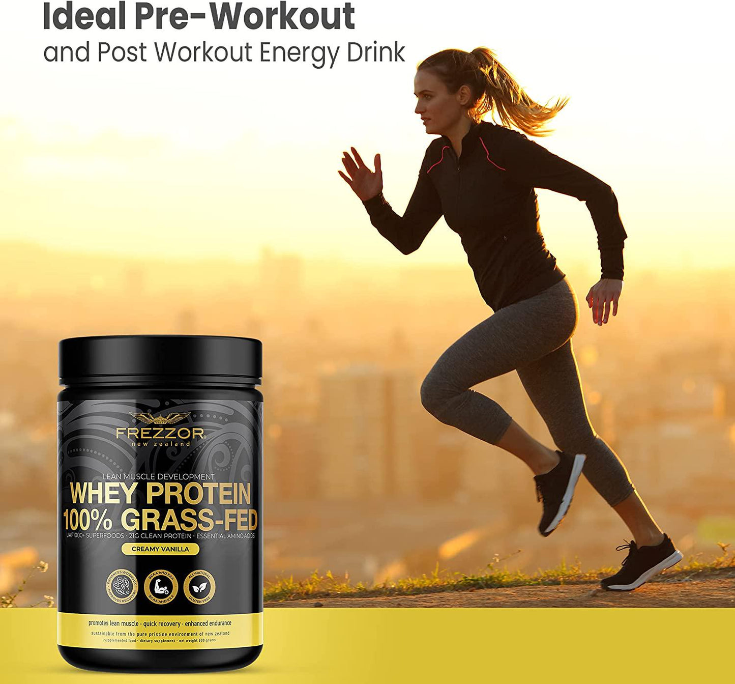 FREZZOR 100% Grass-Fed Whey Vanilla Protein Powder with UAF1000+, Keto Friendly, 21g Protein, BCAAs and EAAs, GMO-Free, rBGH-Free, No Added Sugar/Preservatives, Made in New Zealand, 600 Grams, 1 Count