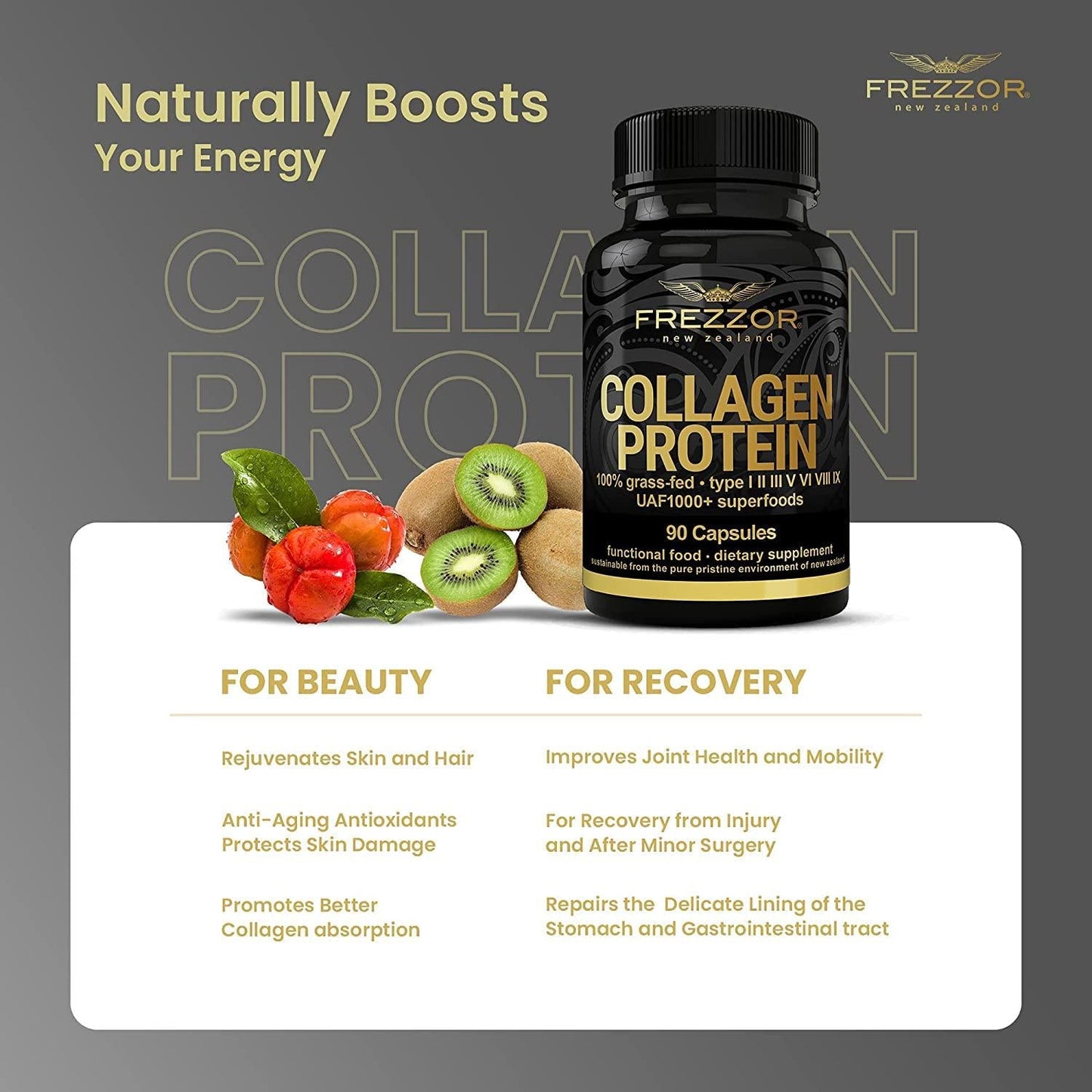 FREZZOR Collagen Protein Capsules, 100% Grass-Fed New Zealand Cattle Source, Joint, Skin, Hair and Nail Support, Amino Acids, Anti-Aging, Pain Solution, 90 Capsules, 1 Count