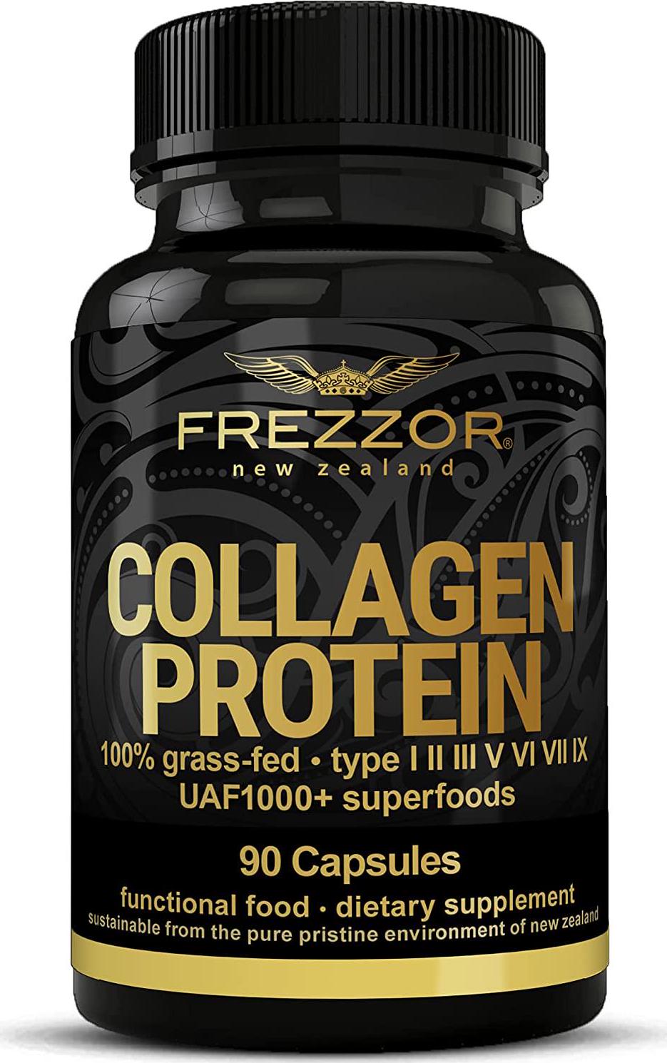 FREZZOR Collagen Protein Capsules, 100% Grass-Fed New Zealand Cattle Source, Joint, Skin, Hair and Nail Support, Amino Acids, Anti-Aging, Pain Solution, 90 Capsules, 1 Count