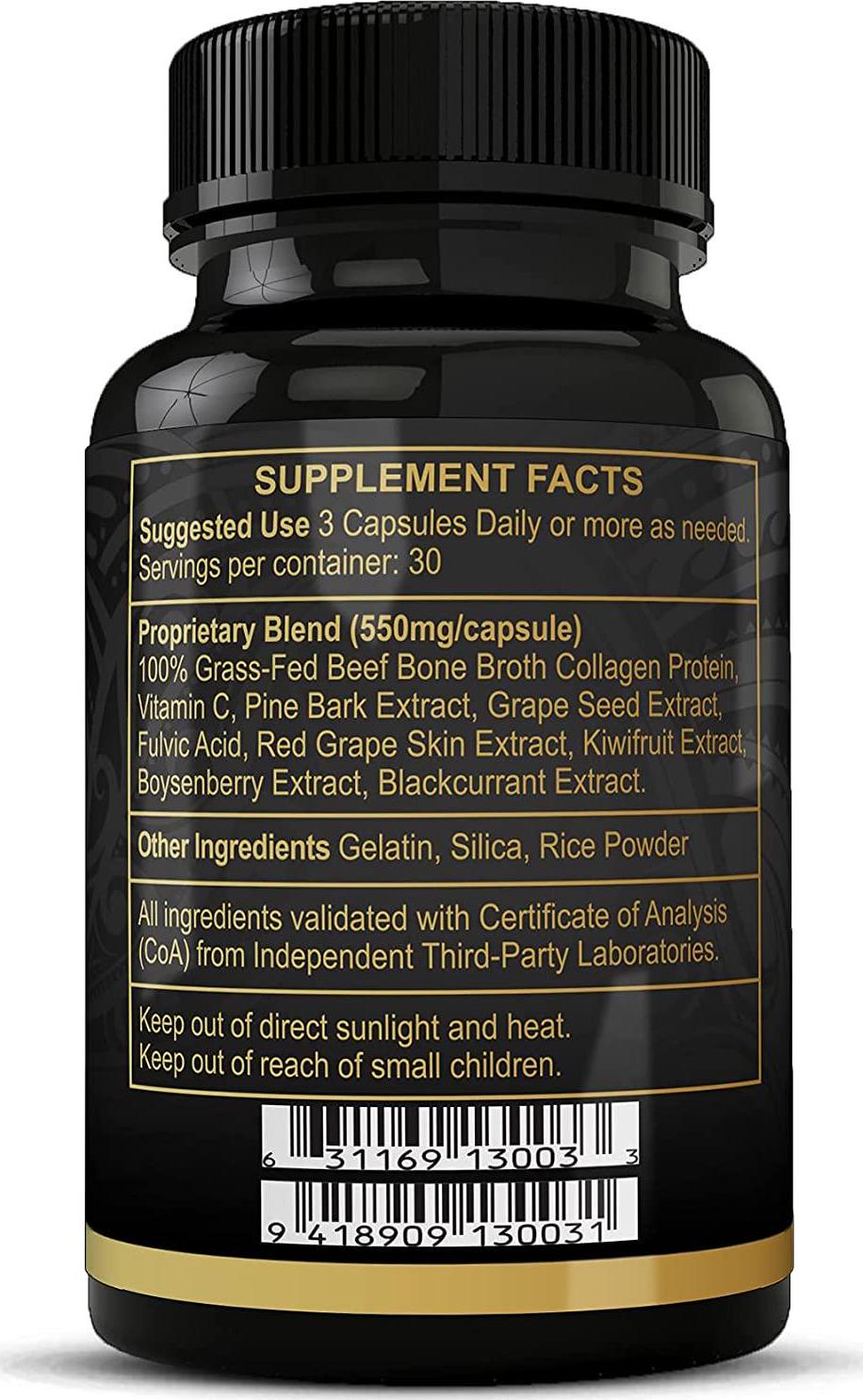 FREZZOR Collagen Protein Capsules, 100% Grass-Fed New Zealand Cattle Source, Joint, Skin, Hair and Nail Support, Amino Acids, Anti-Aging, Pain Solution, 90 Capsules, 1 Count