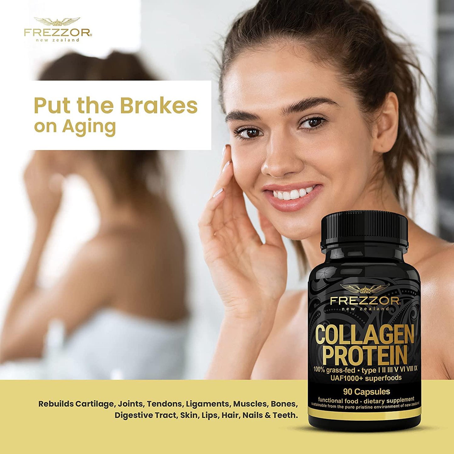 FREZZOR Collagen Protein Capsules, 100% Grass-Fed New Zealand Cattle Source, Joint, Skin, Hair and Nail Support, Amino Acids, Anti-Aging, Pain Solution, 90 Capsules, 1 Count