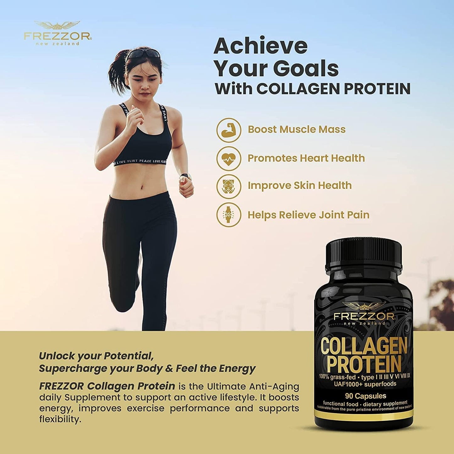 FREZZOR Collagen Protein Capsules, 100% Grass-Fed New Zealand Cattle Source, Joint, Skin, Hair and Nail Support, Amino Acids, Anti-Aging, Pain Solution, 90 Capsules, 1 Count