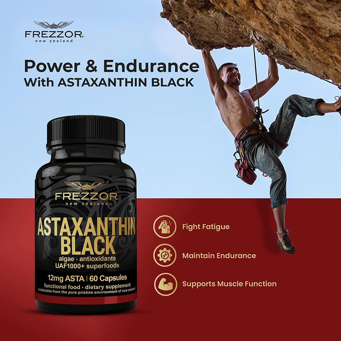 FREZZOR New Zealand Astaxanthin Black with UAF1000+, Anti-Aging, Skin, Eye, Nerve, Muscle Recovery, Cardiovascular and Immune Support Antioxidant Supplement, 12mg Astaxanthin, 120 Caps, 2 Bottles