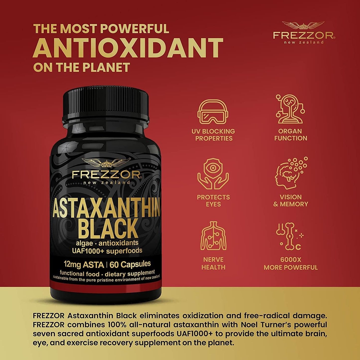 FREZZOR New Zealand Astaxanthin Black with UAF1000+, Anti-Aging, Skin, Eye, Nerve, Muscle Recovery, Cardiovascular and Immune Support Antioxidant Supplement, 12mg Astaxanthin, 120 Caps, 2 Bottles