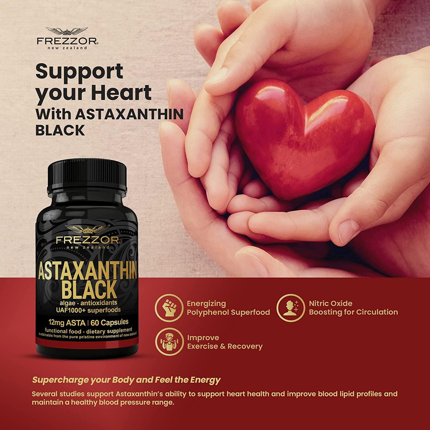 FREZZOR New Zealand Astaxanthin Black with UAF1000+, Anti-Aging, Skin, Eye, Nerve, Muscle Recovery, Cardiovascular and Immune Support Antioxidant Supplement, 12mg Astaxanthin, 120 Caps, 2 Bottles