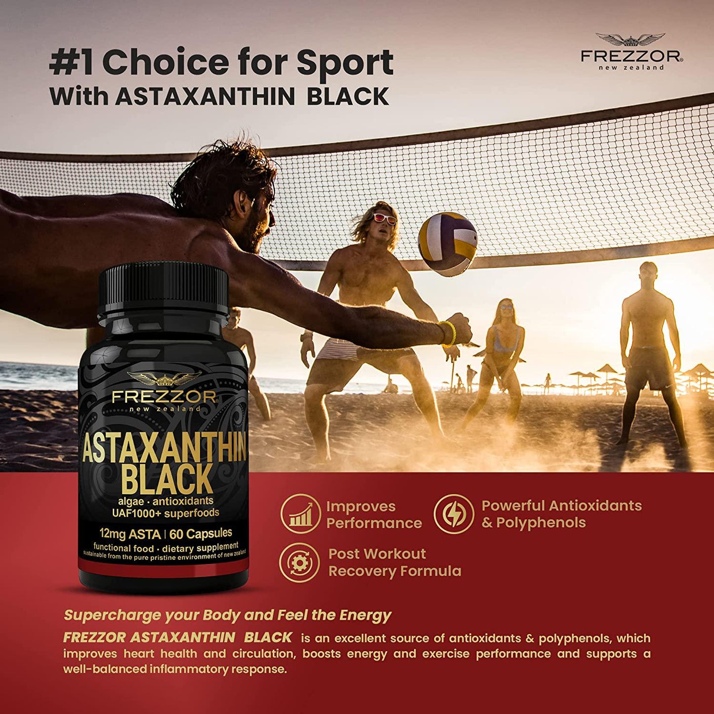 FREZZOR New Zealand Astaxanthin Black with UAF1000+, Anti-Aging, Skin, Eye, Nerve, Muscle Recovery, Cardiovascular and Immune Support Antioxidant Supplement, 12mg Astaxanthin, 120 Caps, 2 Bottles