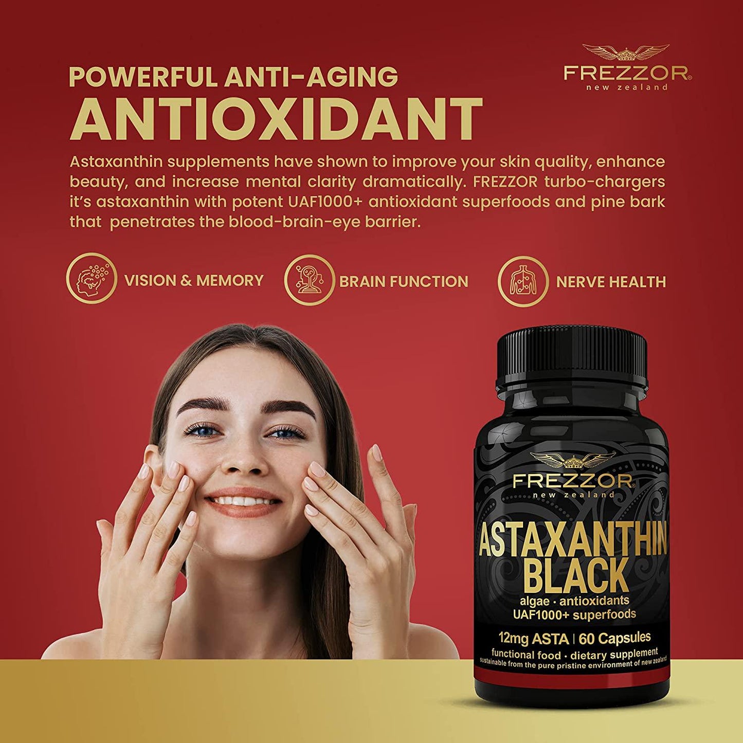 FREZZOR New Zealand Astaxanthin Black with UAF1000+, Anti-Aging, Skin, Eye, Nerve, Muscle Recovery, Cardiovascular and Immune Support Antioxidant Supplement, 12mg Astaxanthin, 120 Caps, 2 Bottles