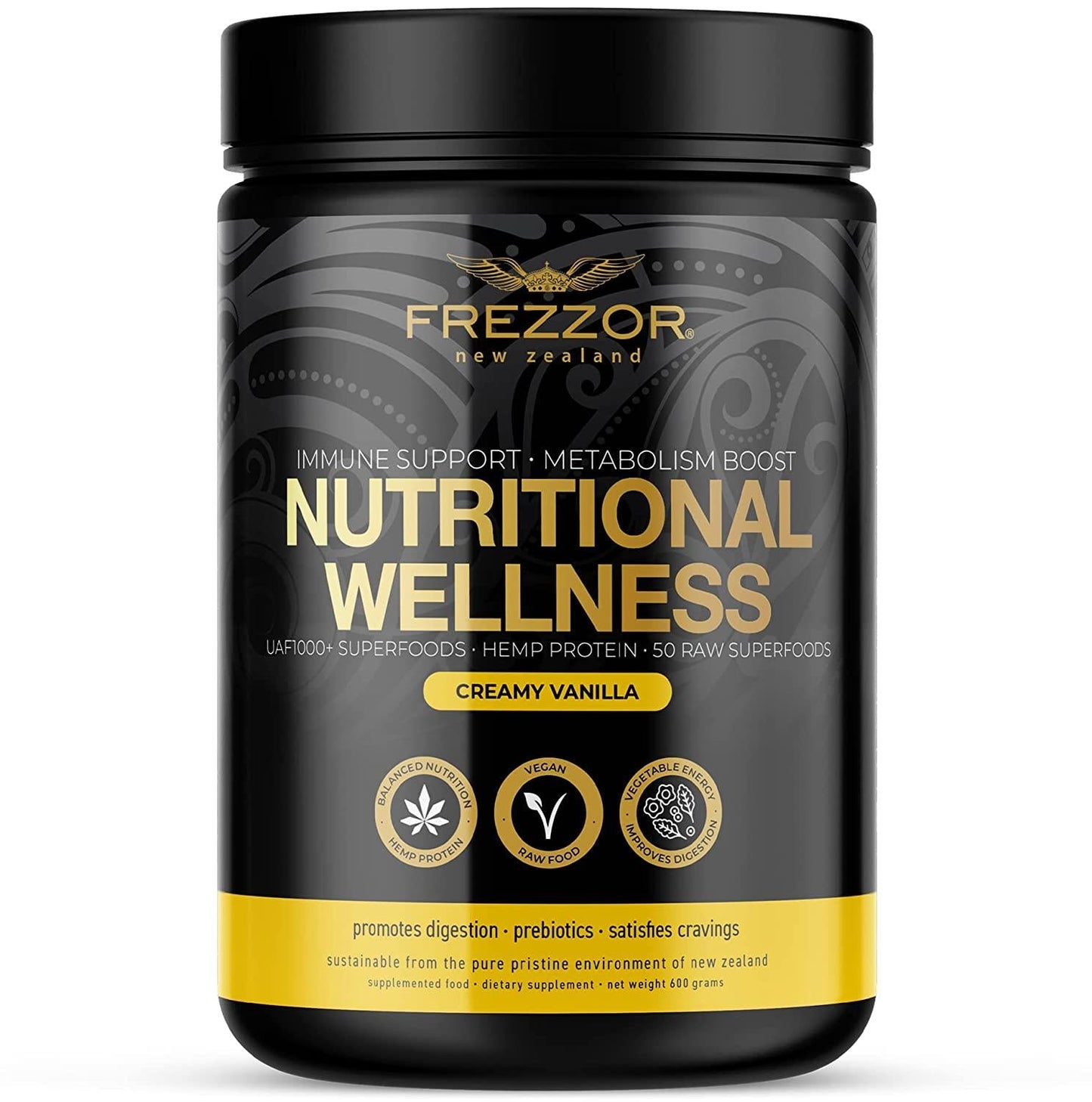 FREZZOR Nutritional Wellness Shake, 52 New Zealand Vegan Superfoods Powder, Meal Replacement, Immune System, Prebiotic and Probiotic, All-Natural Raw Whole Food Ingredients, Antioxidant, 600g, 1 Bottle