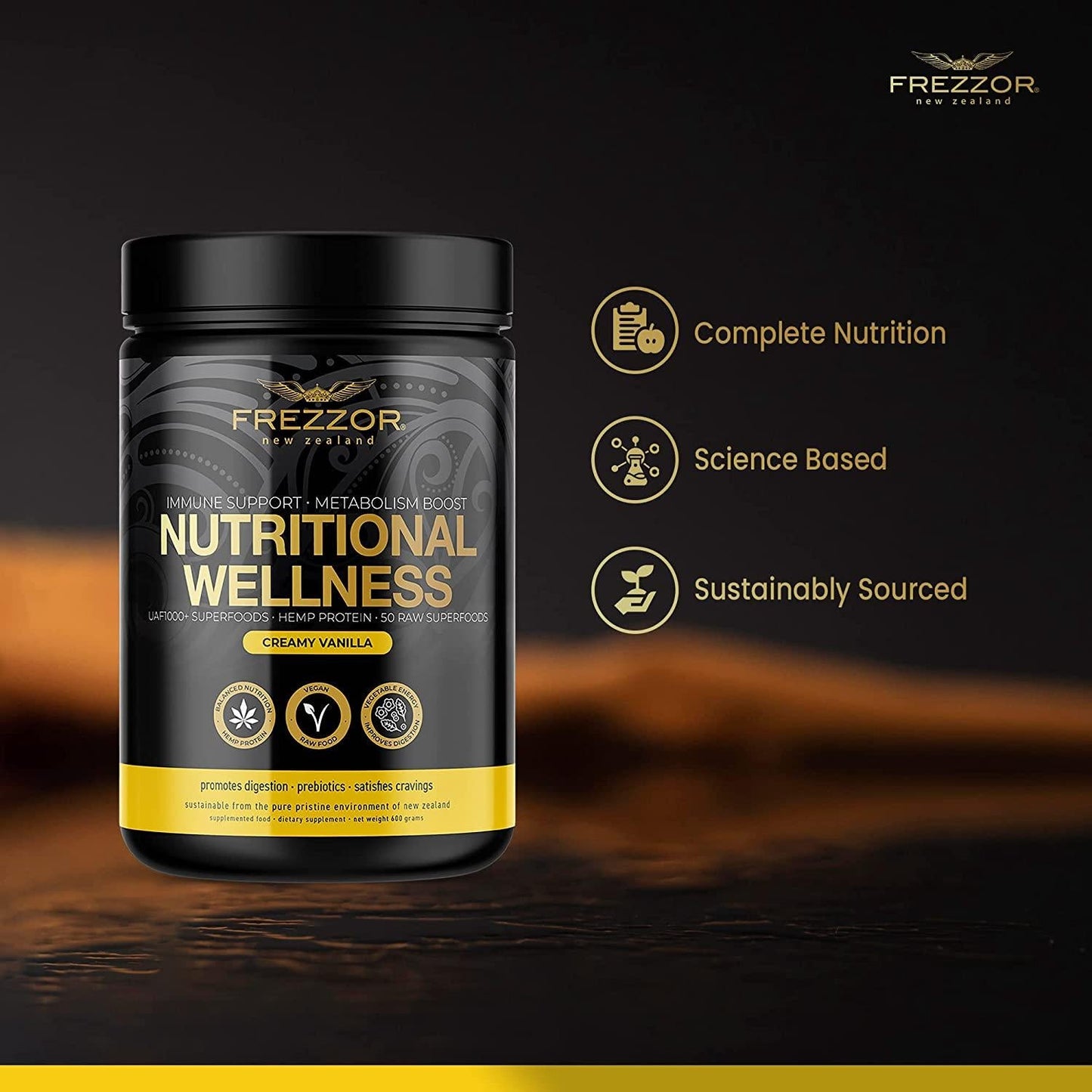 FREZZOR Nutritional Wellness Shake, 52 New Zealand Vegan Superfoods Powder, Meal Replacement, Immune System, Prebiotic and Probiotic, All-Natural Raw Whole Food Ingredients, Antioxidant, 600g, 1 Bottle