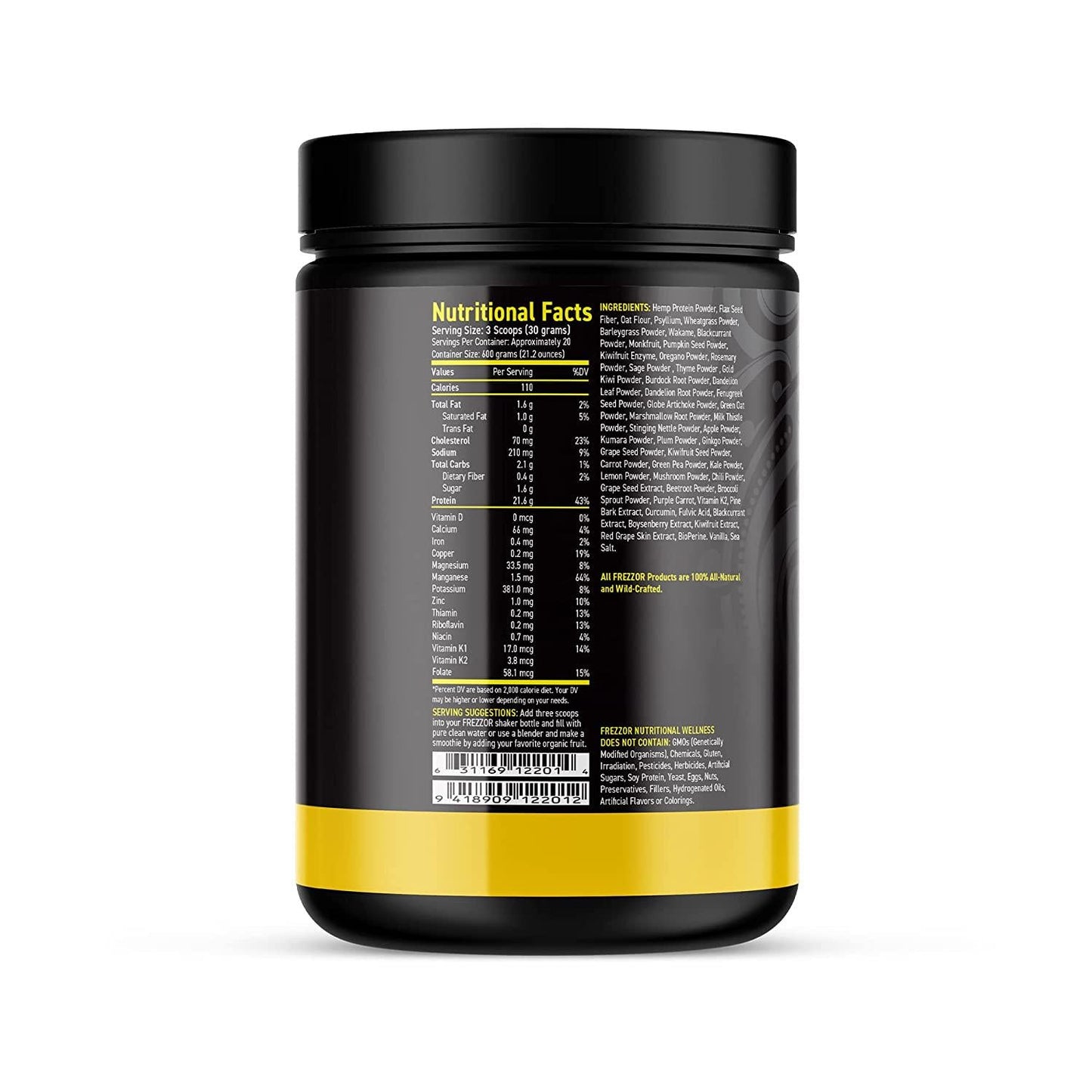 FREZZOR Nutritional Wellness Shake, 52 New Zealand Vegan Superfoods Powder, Meal Replacement, Immune System, Prebiotic and Probiotic, All-Natural Raw Whole Food Ingredients, Antioxidant, 600g, 1 Bottle